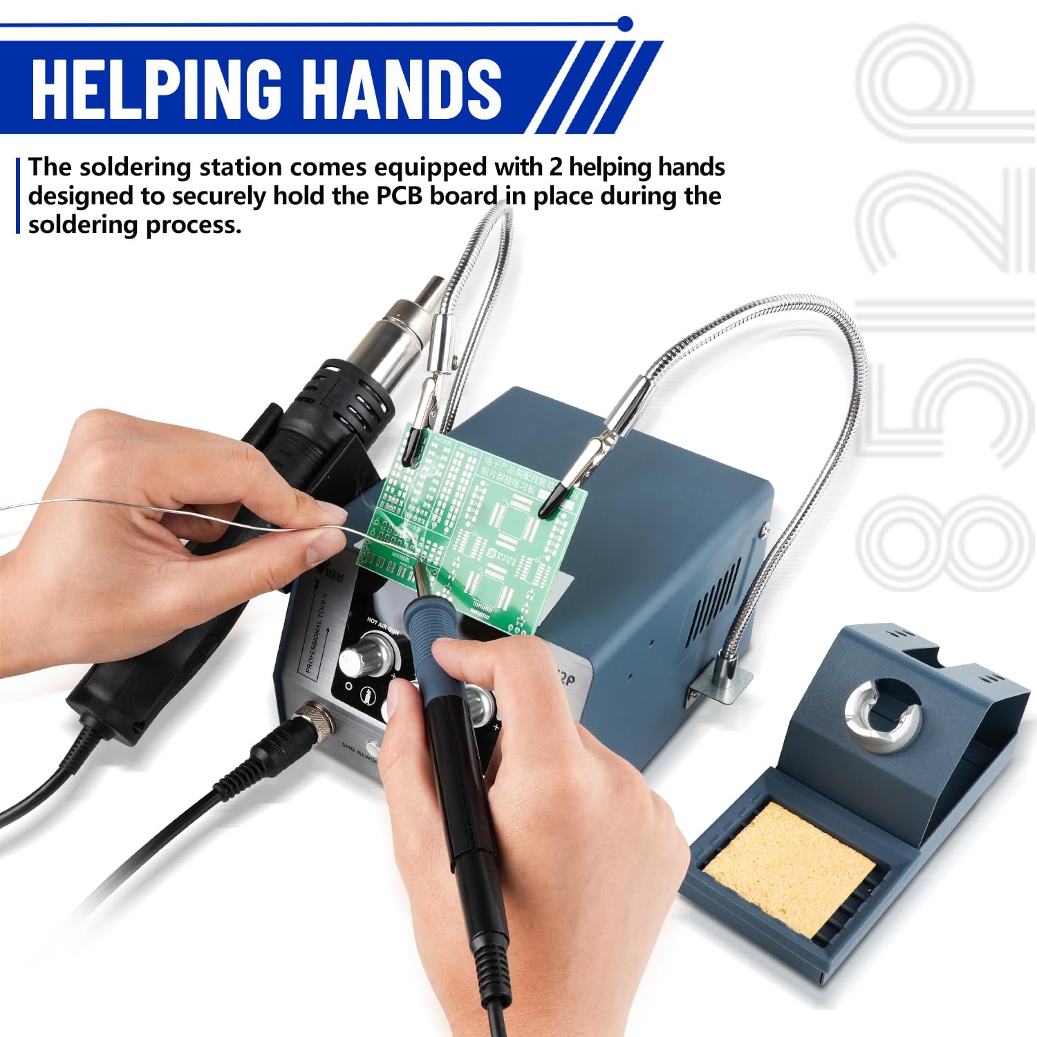 HengTianMei 720W Soldering Iron Station 2-IN-1 SMD Hot Air Rework Station with 2 Helping Hands, 3 Soldering Tips, 5 Nozzles, Sleep Mode, Fast Heating, 392?-932?, for Electronics PCB Repair?8512P?