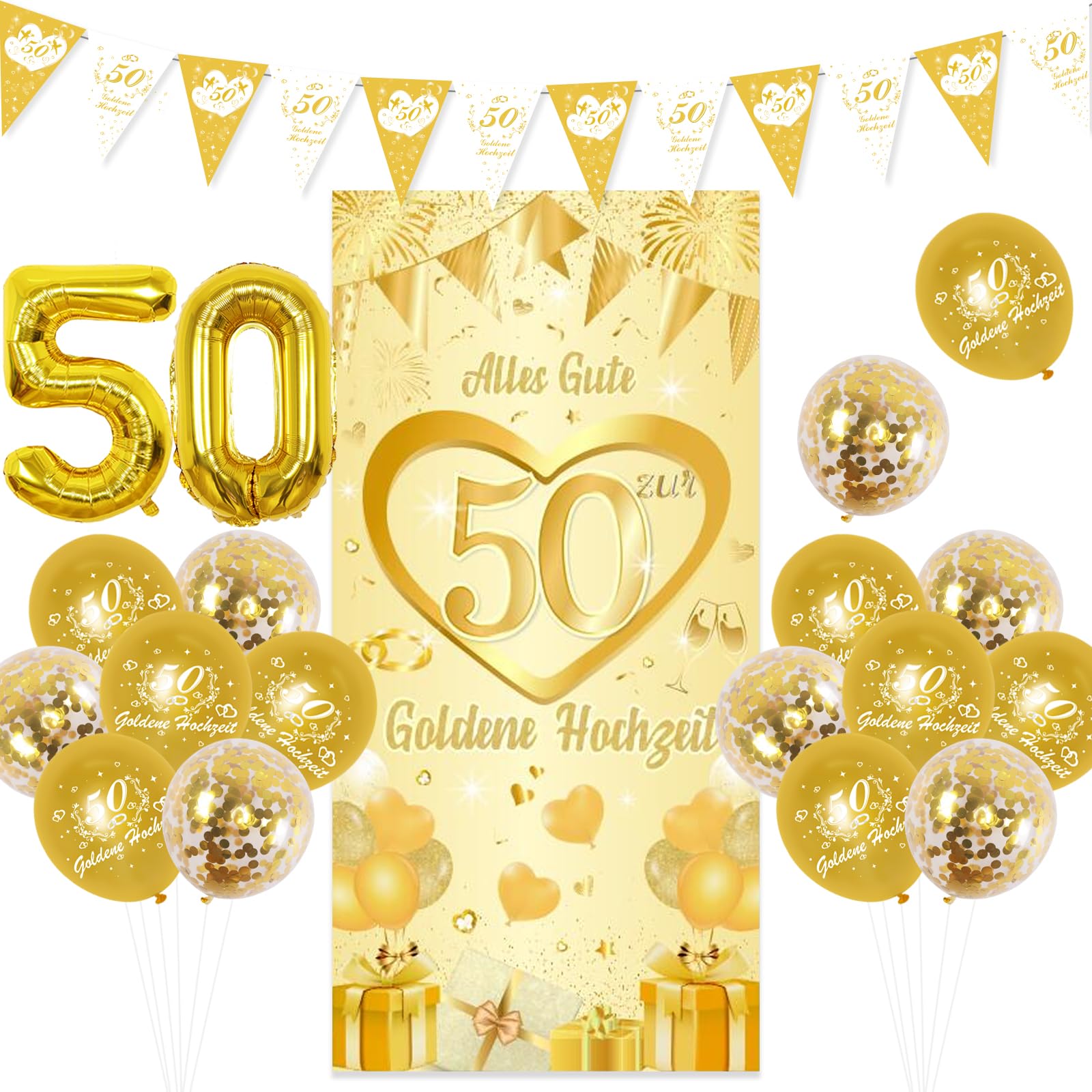 Decoración de boda dorada, pancarta de boda dorada 50, globos de boda dorados 50, decoración de fondo de aniversario de boda de oro 50 para aniversario de boda, decoración de 50 bodas doradas