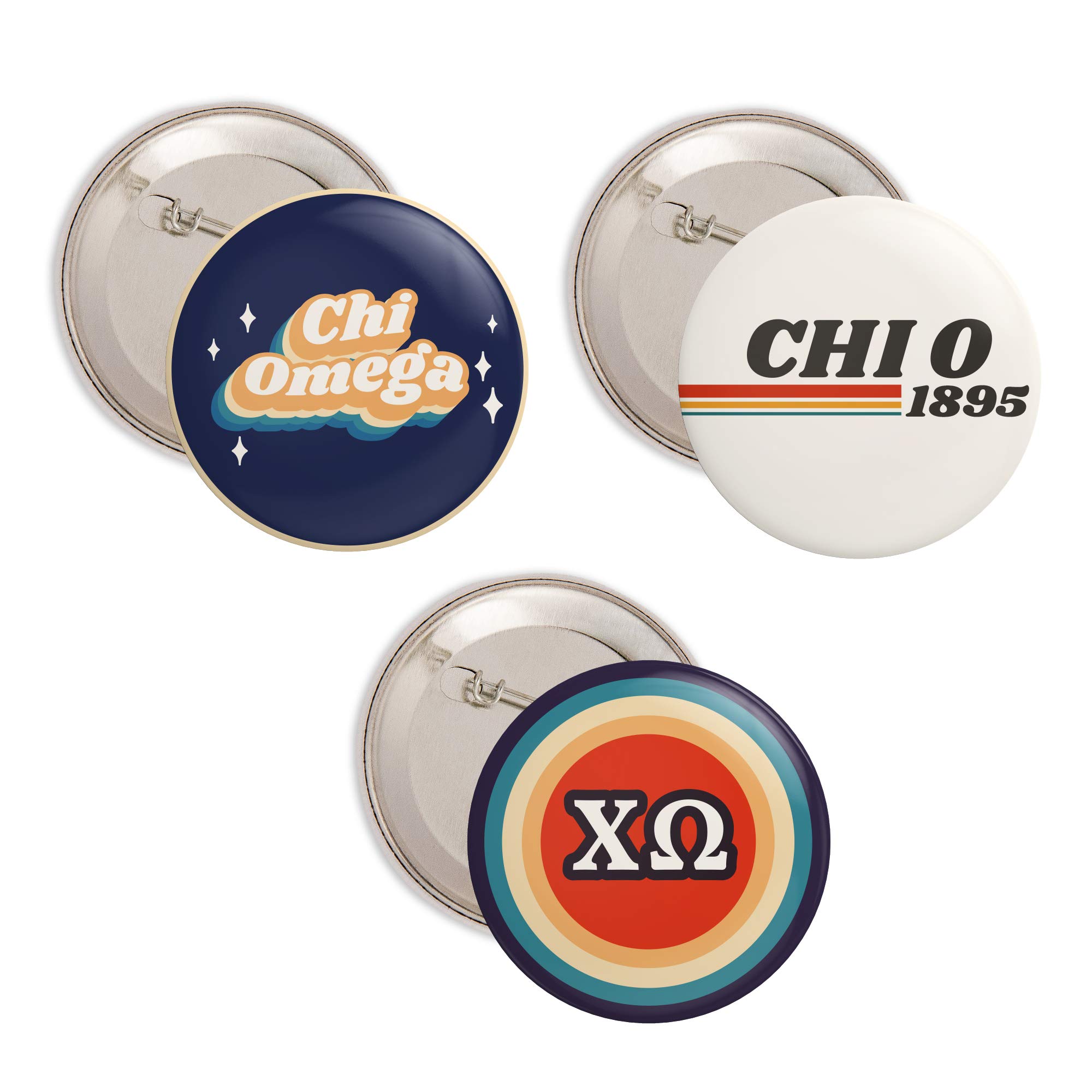 Desert Cactus Chi Omega Buttons Pin Back Badge Sorority 3 Pieces of Variety 2.25-inch - 70s Pack