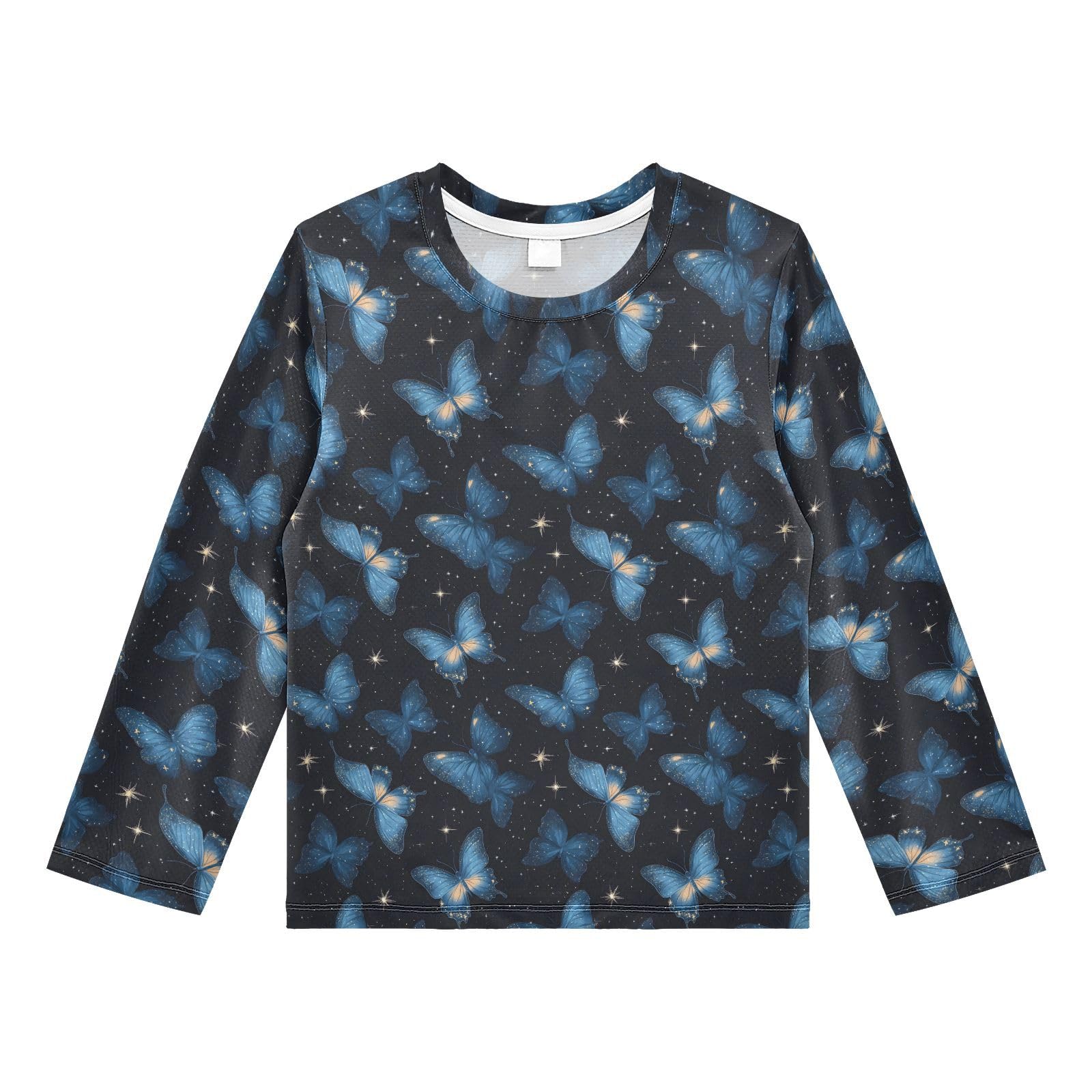 Blue Butterfly Starry Sky Pattern Boys Rash Guard Swim Shirts Long Sleeve UPF 50+ Quick Dry Sun Protection Shirt Swimwear Surf Tops for Toddler Kid Fishing Swimming Outdoor 11-12T