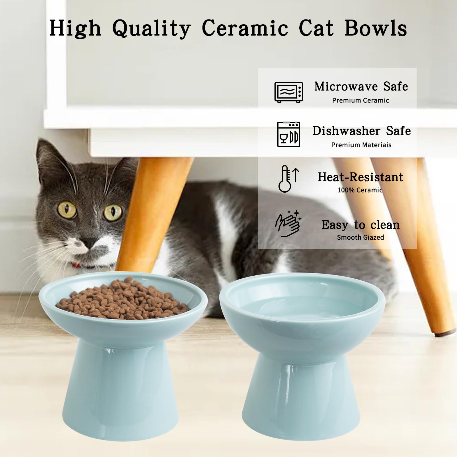 6.2inch Extra Wide Elevated Cat Bowls Set of 2, Stress Free Raised Cat Food Bowls for Food and Water, Shallow Cat Food Dish Whisker Friendly, Anti Vomit Ceramic Cat Bowls Microwave and Dishwasher Safe