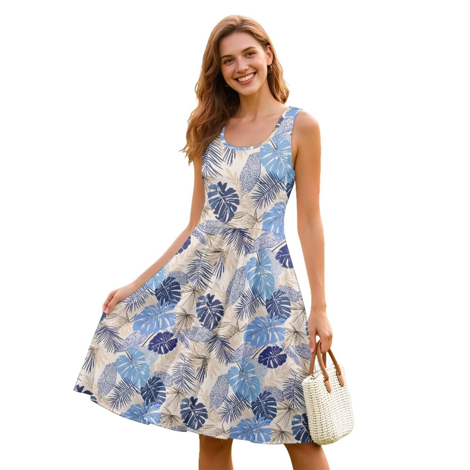 Women Stylish Tank Dresses Sleeveless Round Neck Midi Casual Dress with Pocket for Summer