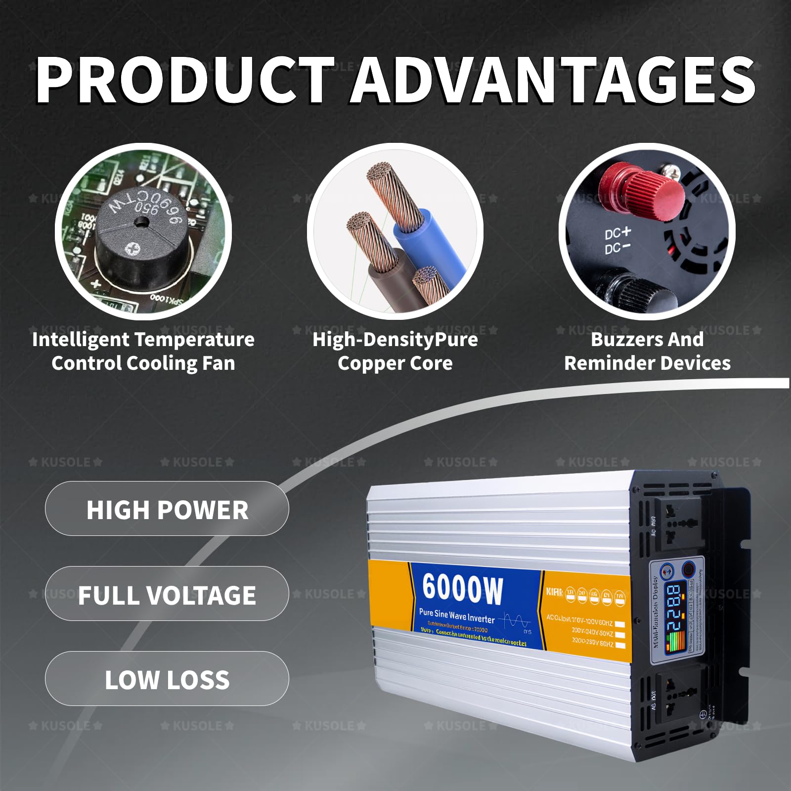Falownik 6000 W, czysta fala sinusoidalna, 12 V/24 V/48 V/60 V/72 V DC do 110 V/220 V AC, falownik samochodowy z gniazdami AC, inteligentny kolorowy ekran do kempingu 48V-220V