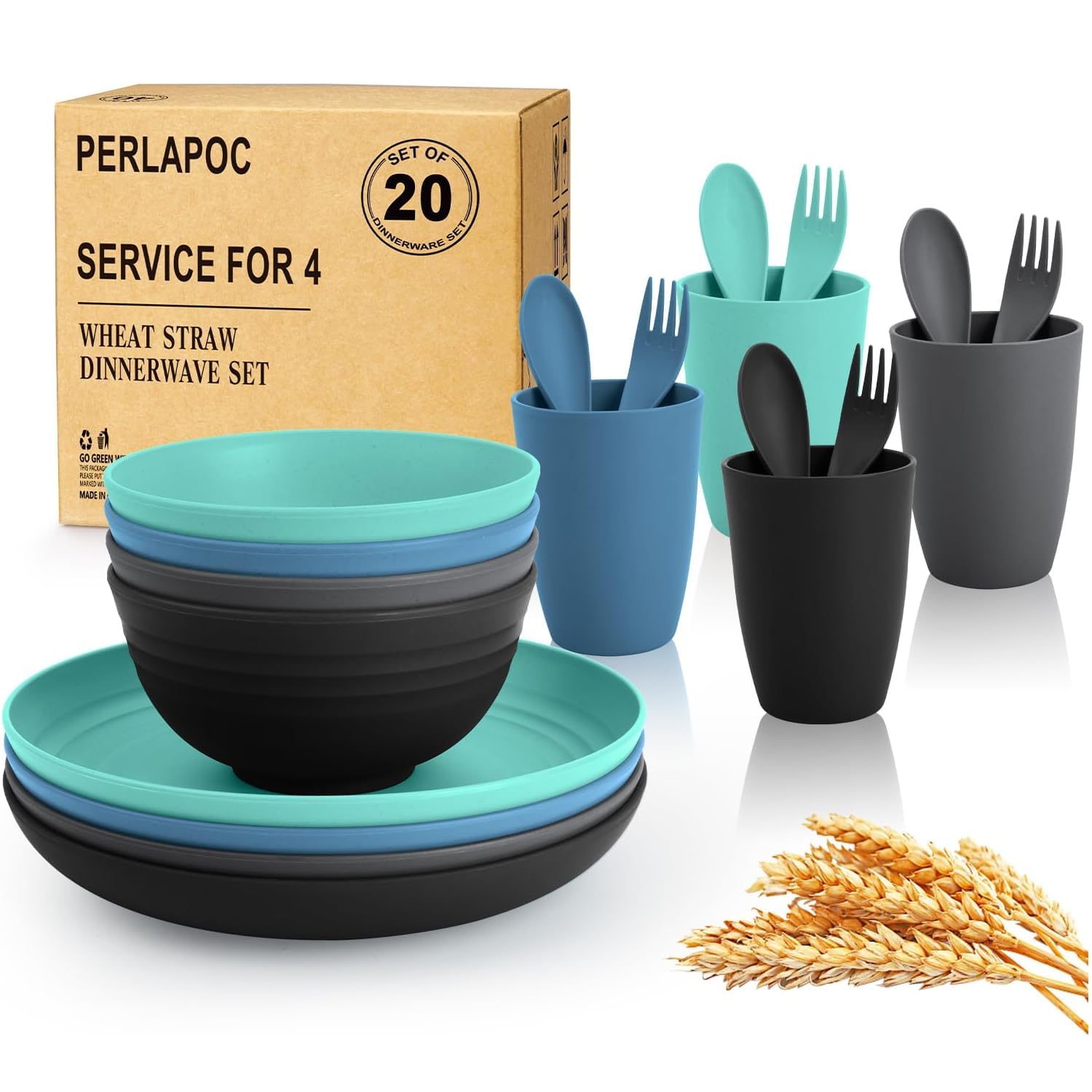 Unbreakable Wheat Straw Dinnerware Set 20 PCS - Kids Plates and Bowls Set for 4,Dishwasher &amp; Microwave Safe Lightweight Toddler Dish Set for Party Camping Kitchen - Calm Tones