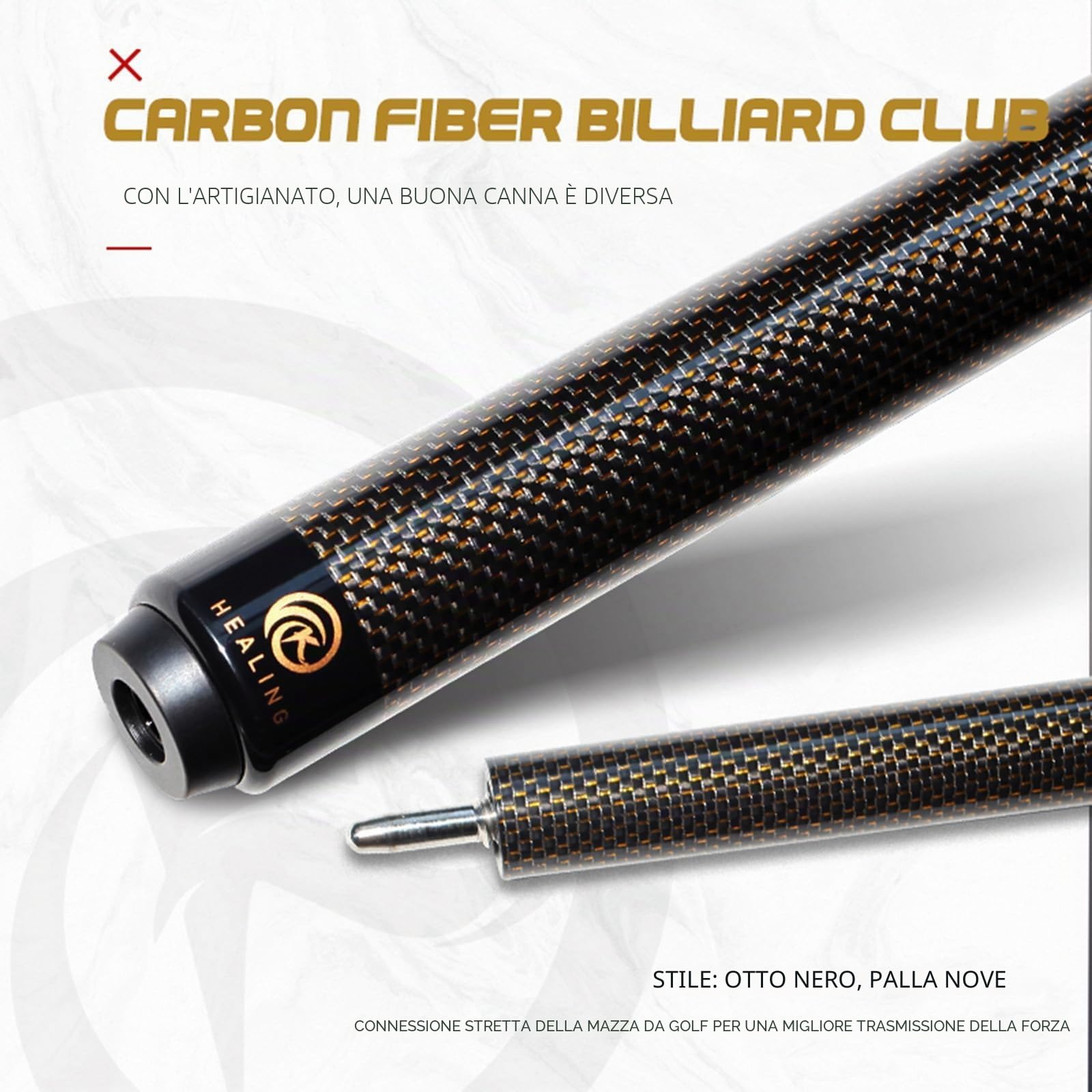 KHEALING Stecca da Biliardo in Fibra di Carbonio da 58 Pollici, Struttura 1/2, connettore a 3 Denti, Punta da 12,4 mm, 540-567 g, Adatta per Giocatori di Biliardo Professionisti