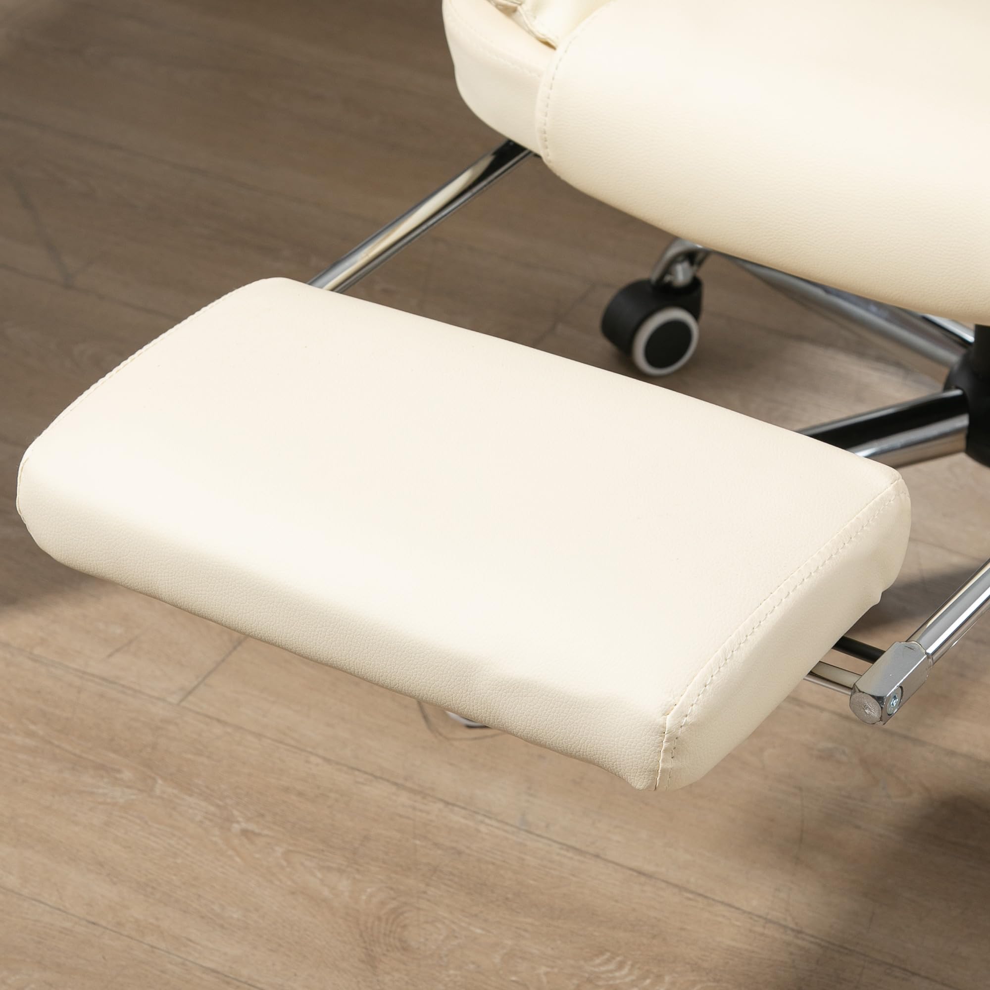 HOMCOM Silla de Oficina Reclinable con Reposapiés Altura Ajustable Crema | Silla de Escritorio Giratoria, Tapizada en PU, con Reposabrazos, para Estudio