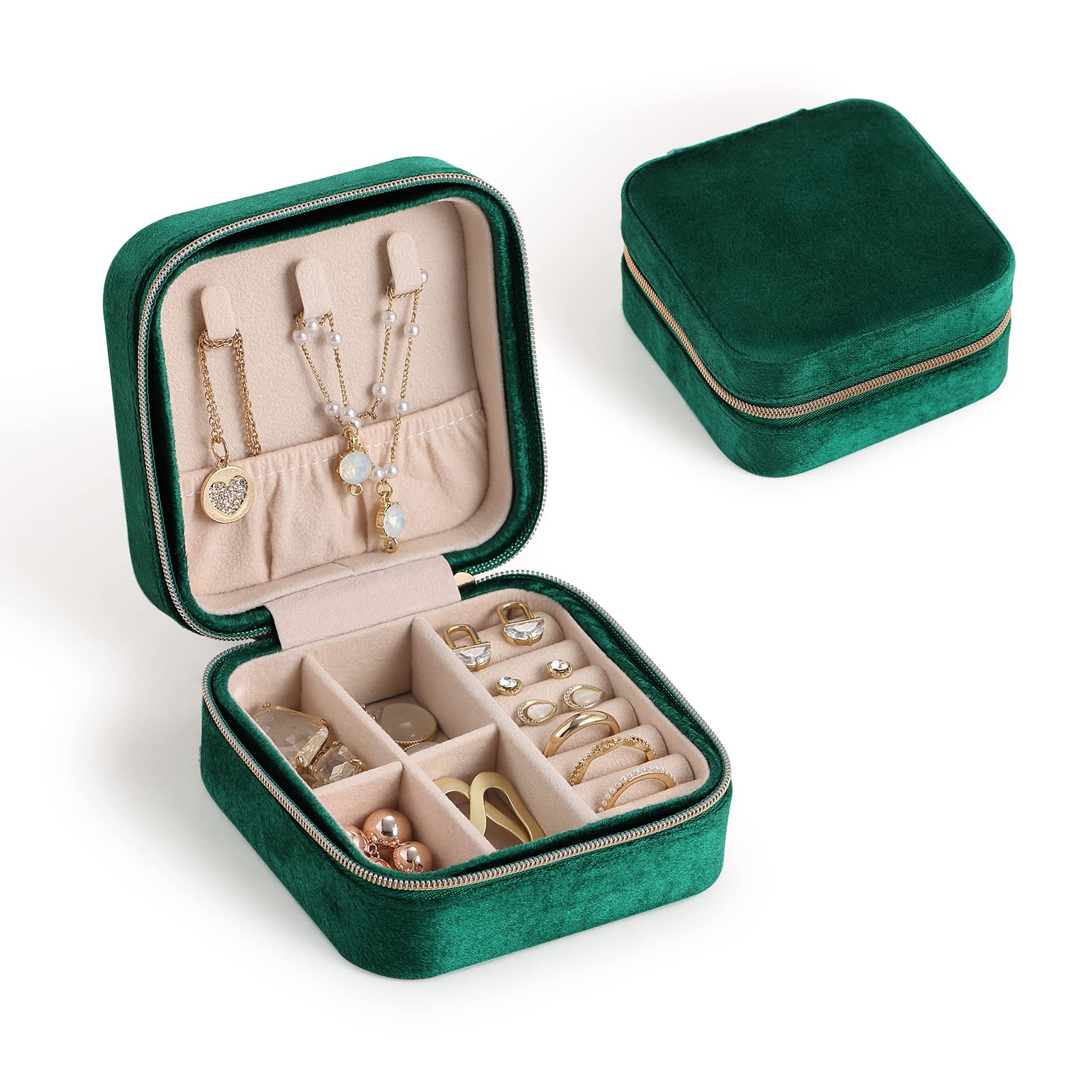 CASEGRACE Reise-Schmuckkästchen, Plüsch-Samt-Schmuckschatulle, kleiner Schmuck-Reise-Organizer, Präsentation, Ringe, Halsketten, Armbänder, Ohrringe, Aufbewahrungsbox für Damen und Mädchen, Perlweiß