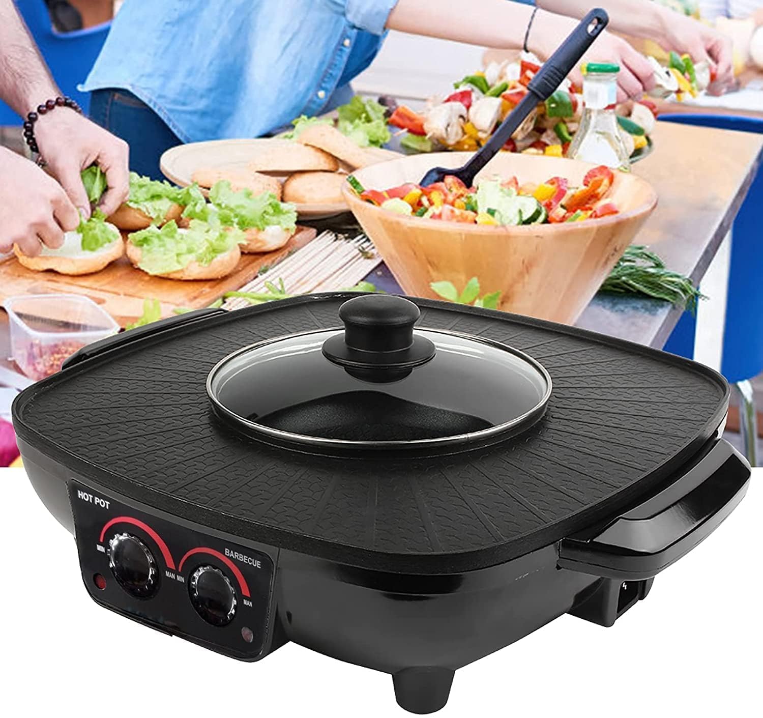VBM 2 in 1 Hot Pot BBQ Grill Electric Grill and Hot Pot Non-Stick Chinese Portable Baking Pan for BBQ Shabu Dual Pot Electric UK Plug 220V-image-32