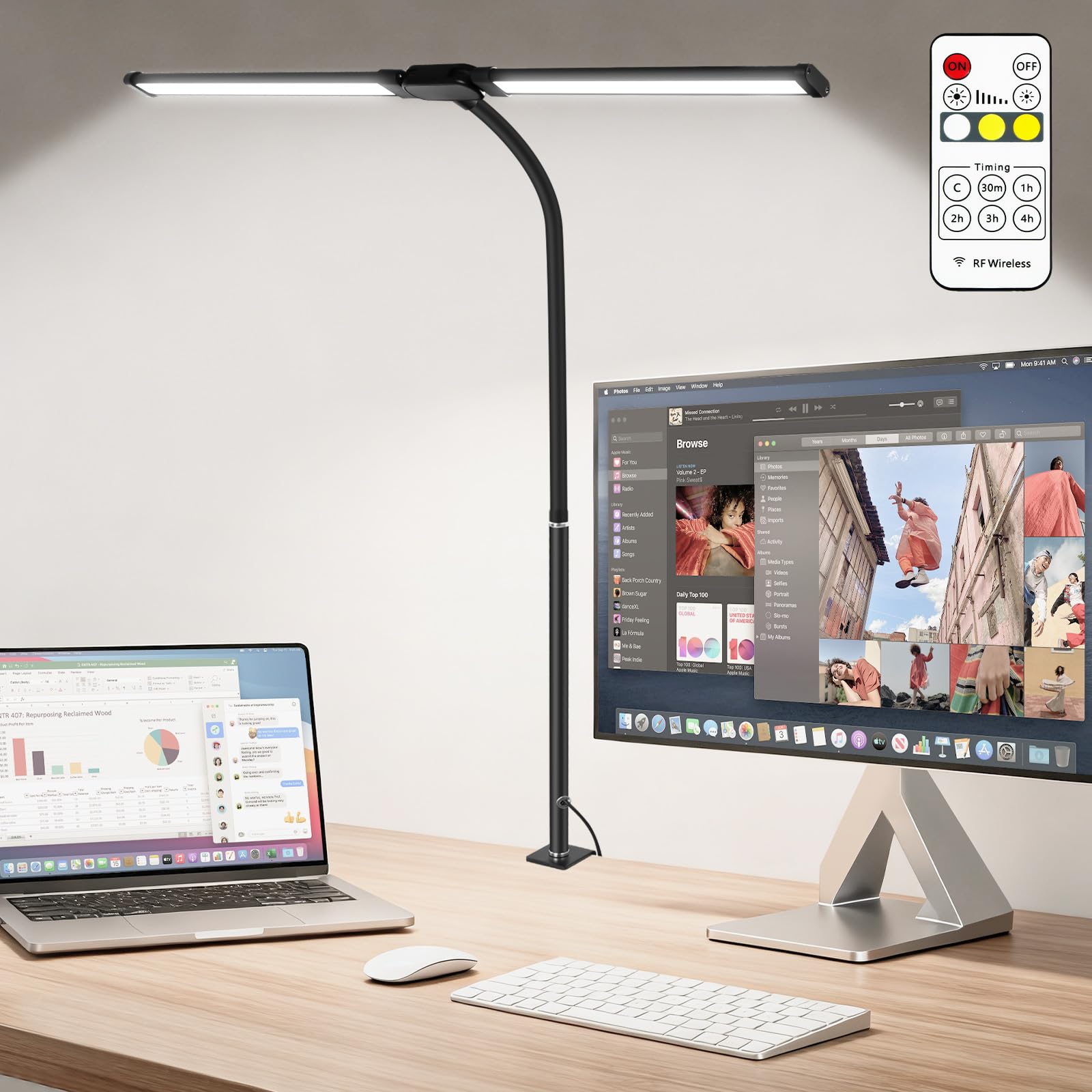 vsshe Desk Lamp with Clamp, Double Head Desk Light with Remote Control Timer Memory, 1200 Lumen, Bright Adjustable, Flexible Gooseneck, Eye Caring Table Lamp, LED Light for Office Study Crafts Draw