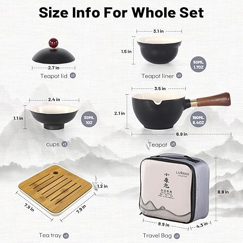 Miniatura 2 de LURRIER Juego de té chino de gongfu de porcelana, juego de tetera portátil con máquina de té de rotación de 360 grados e infusor, bolsa de regalo