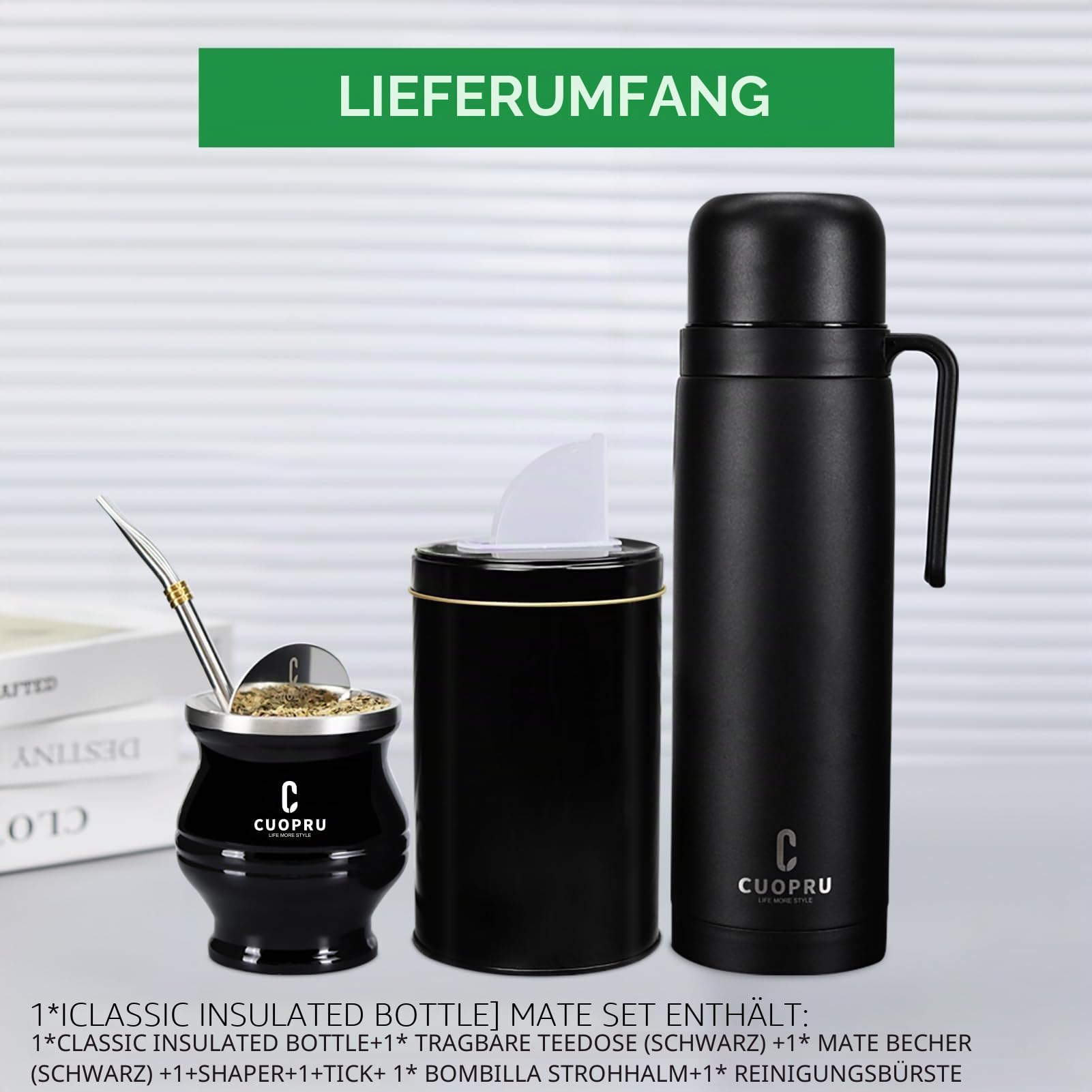 Cuopru Premium Edelstahl Yerba Mate Set, Kürbis, 1 Liter isolierte Flasche, Behälter, Bombilla, Reinigungsbürste, Teefilter-Set, Mattschwarz