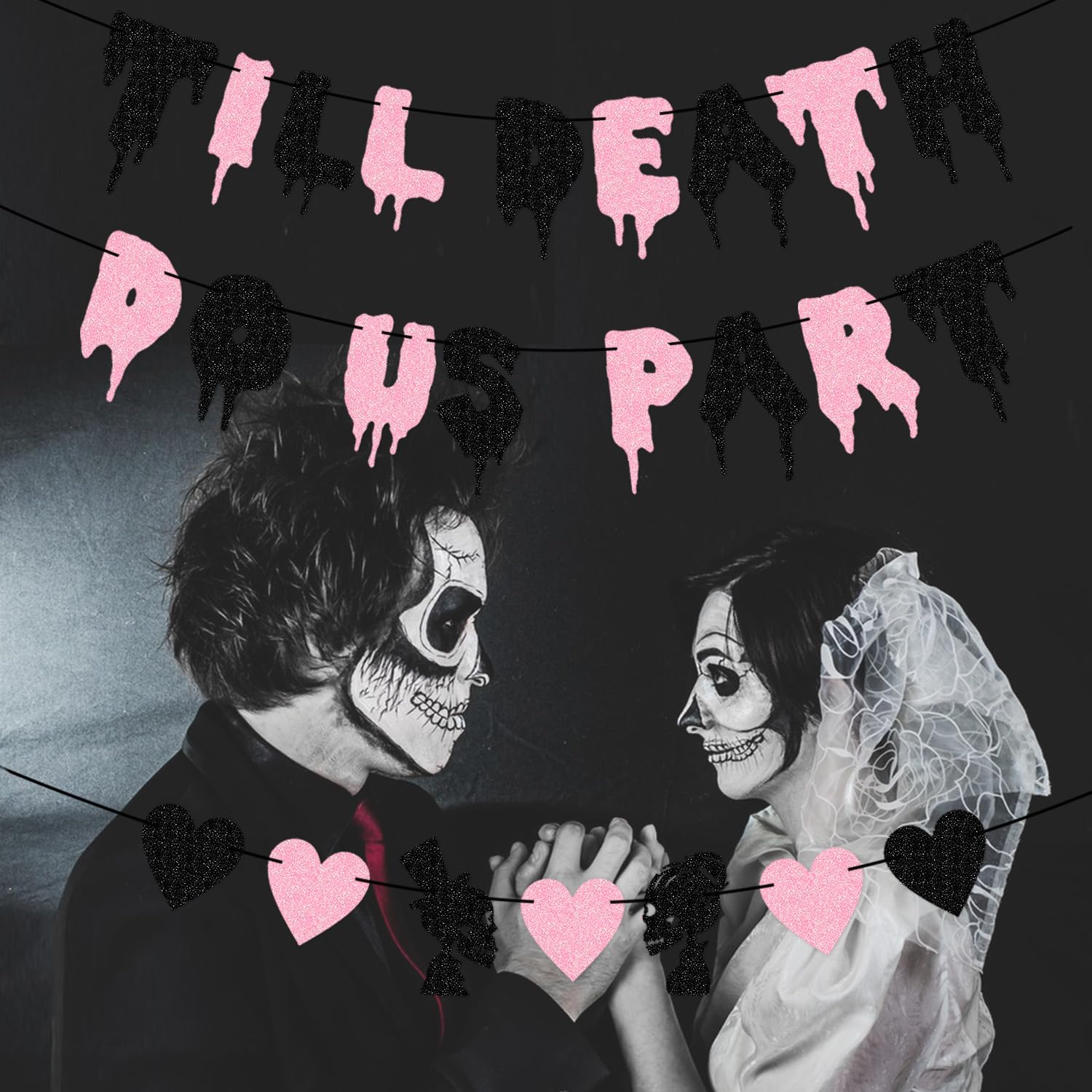 Till Death Do Us Party Halloween Banner - Glitter Paper, Black Words, For Bachelorette & Wedding