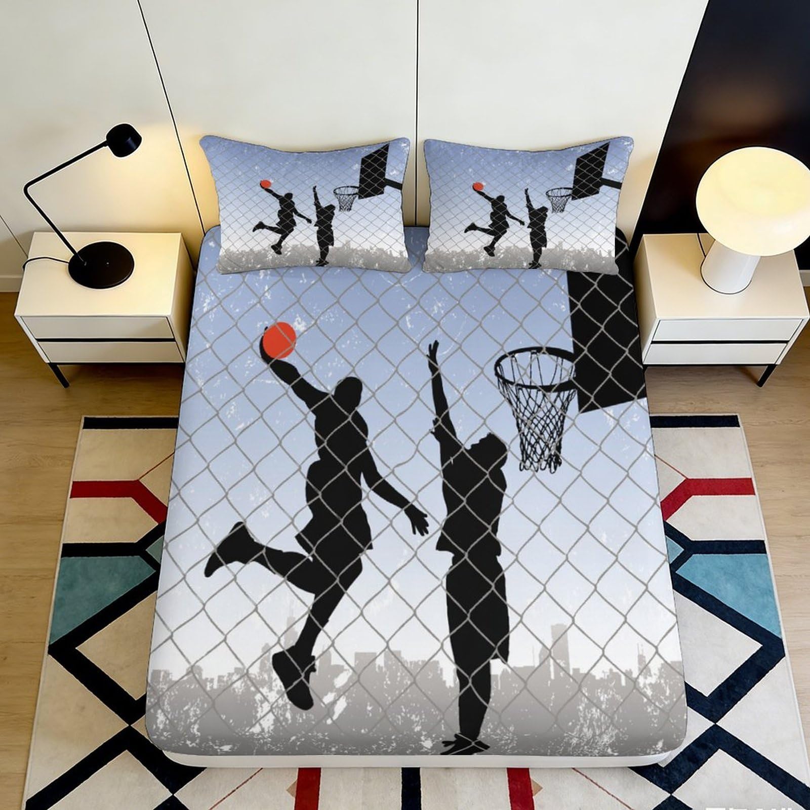 3D Printed Basketball Silhouette Fitted Sheet Microfiber Soft Durable Sports Pattern Bed Cover for Bedroom Dorm Dormitory Guest Room Mattress Protection 120x200x25cm