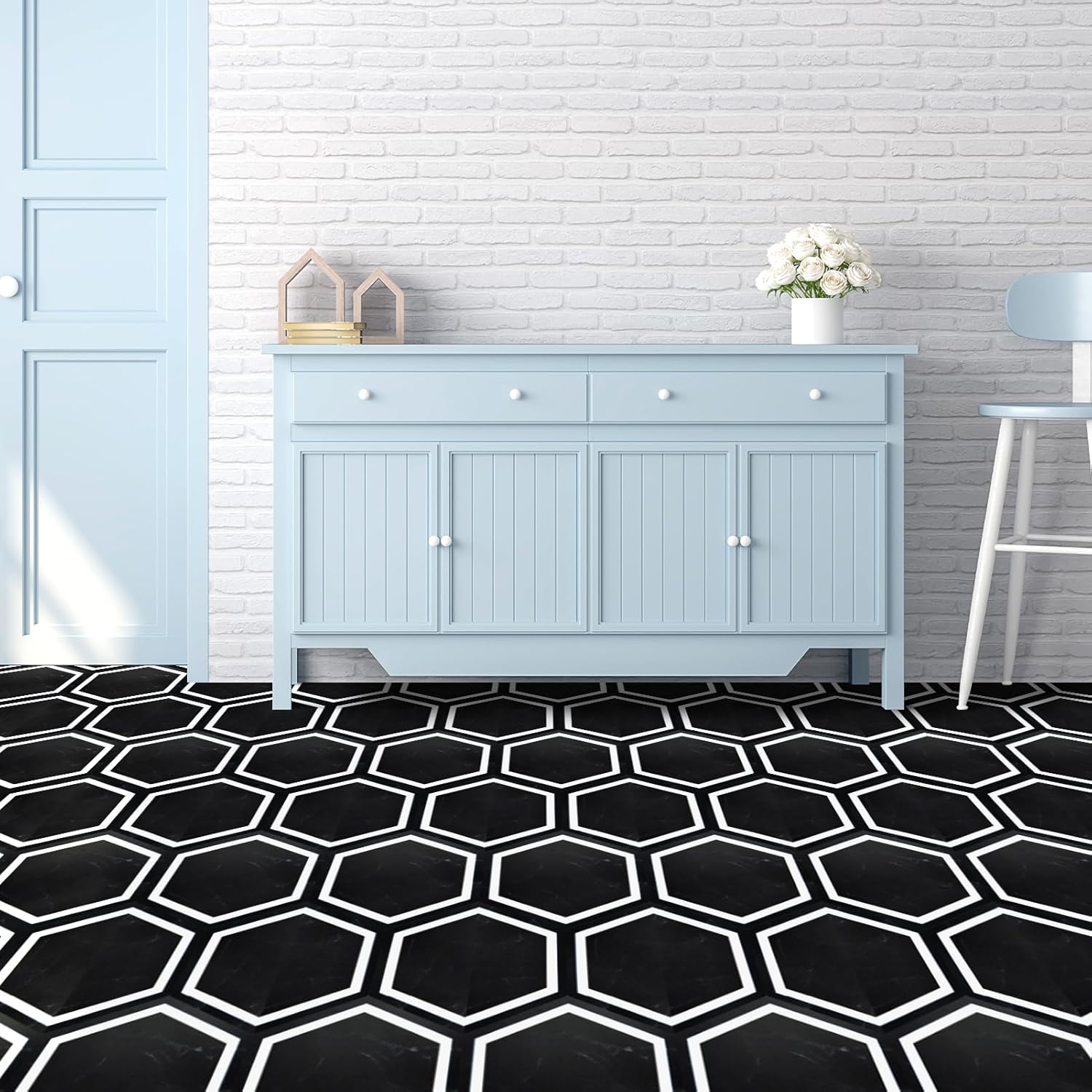 Black Marble Hexagon Peel and Stick Waterproof Vinyl Floor Tiles