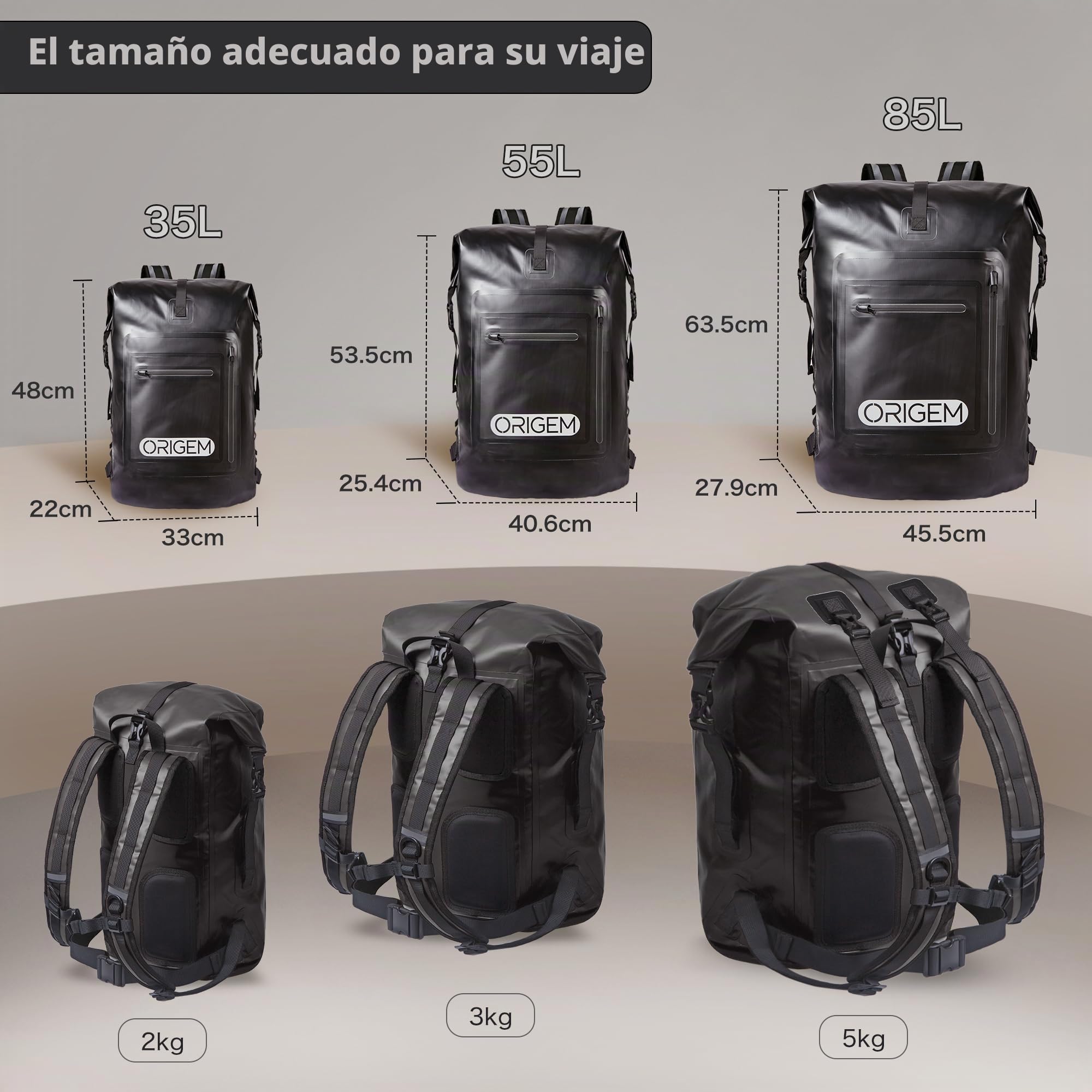 Origem Mochila impermeable, 35L/55L/85L rolltop waterproof backpack; bolsa estanca con inserción para ordenador & Espalda y tirantes acolchados para kayak, pesca, rafting, buceo o uso diario.