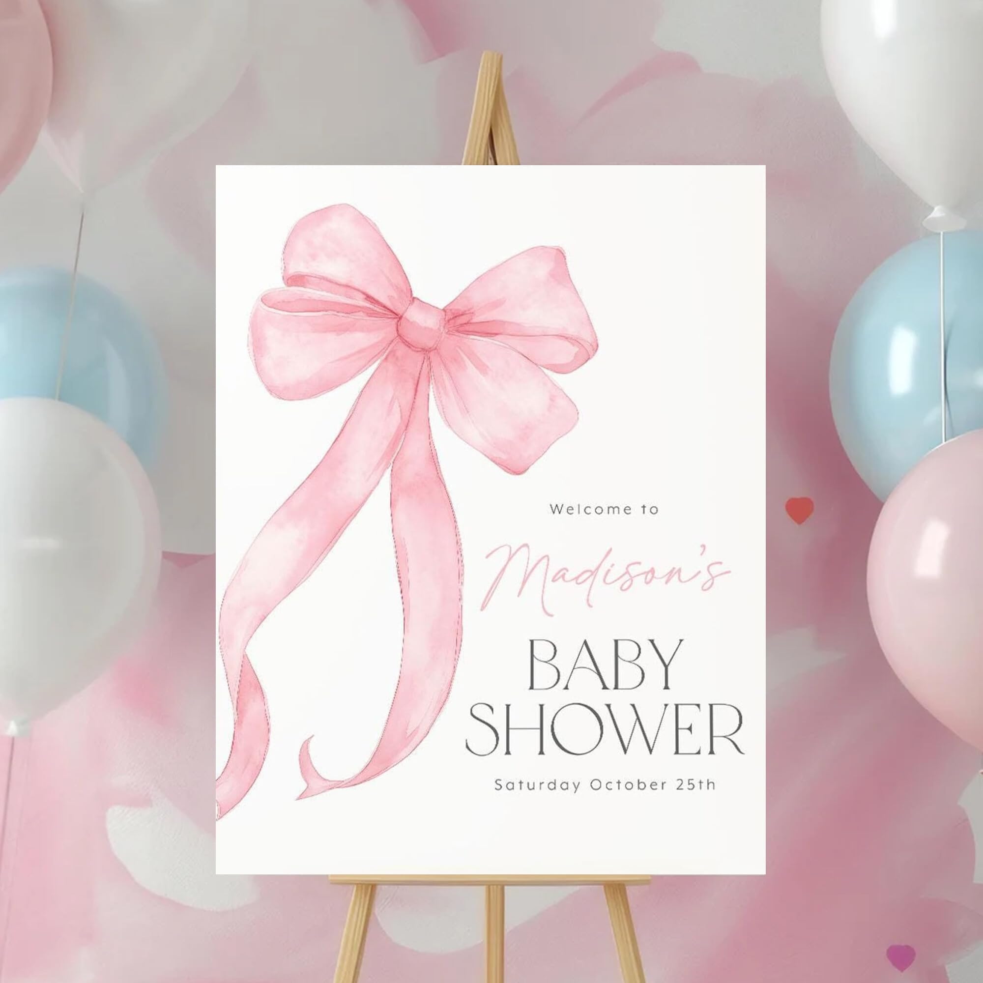 CONMEOMEOMEO Baby Shower Signs, Welcome Sign With Stand, Pink Bow, 18' x 27' Plastic, Rustic Style
