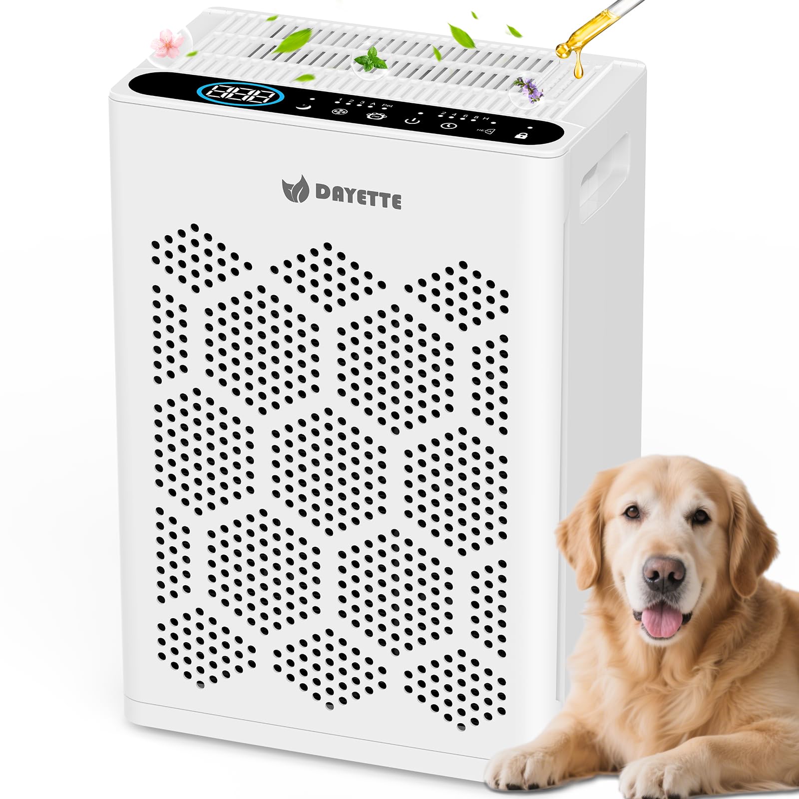 DAYETTE Air Purifiers for Home Large Room Up to 2400 Ft² with HEPA 14 Filter, Pet Air Purifier with Washable Prefilter for Bedroom with Fragrance, Air Cleaner for Smoke Dust Pets Hair Odor, White