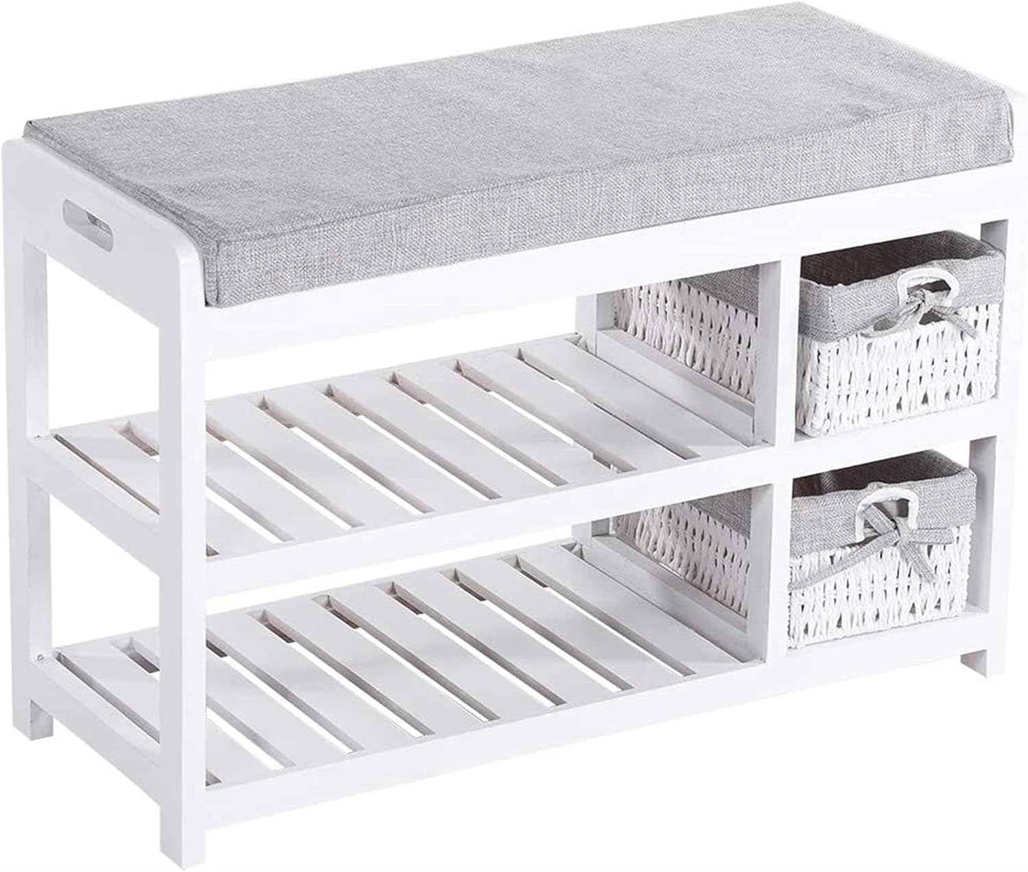 Shoe Bench, 2-Layered Simple Wooden Natural Shoe Storage Stool Upholstered Shoe Cabinet Shoe Rack Shoe Sofa with Storage Basket Household Furniture