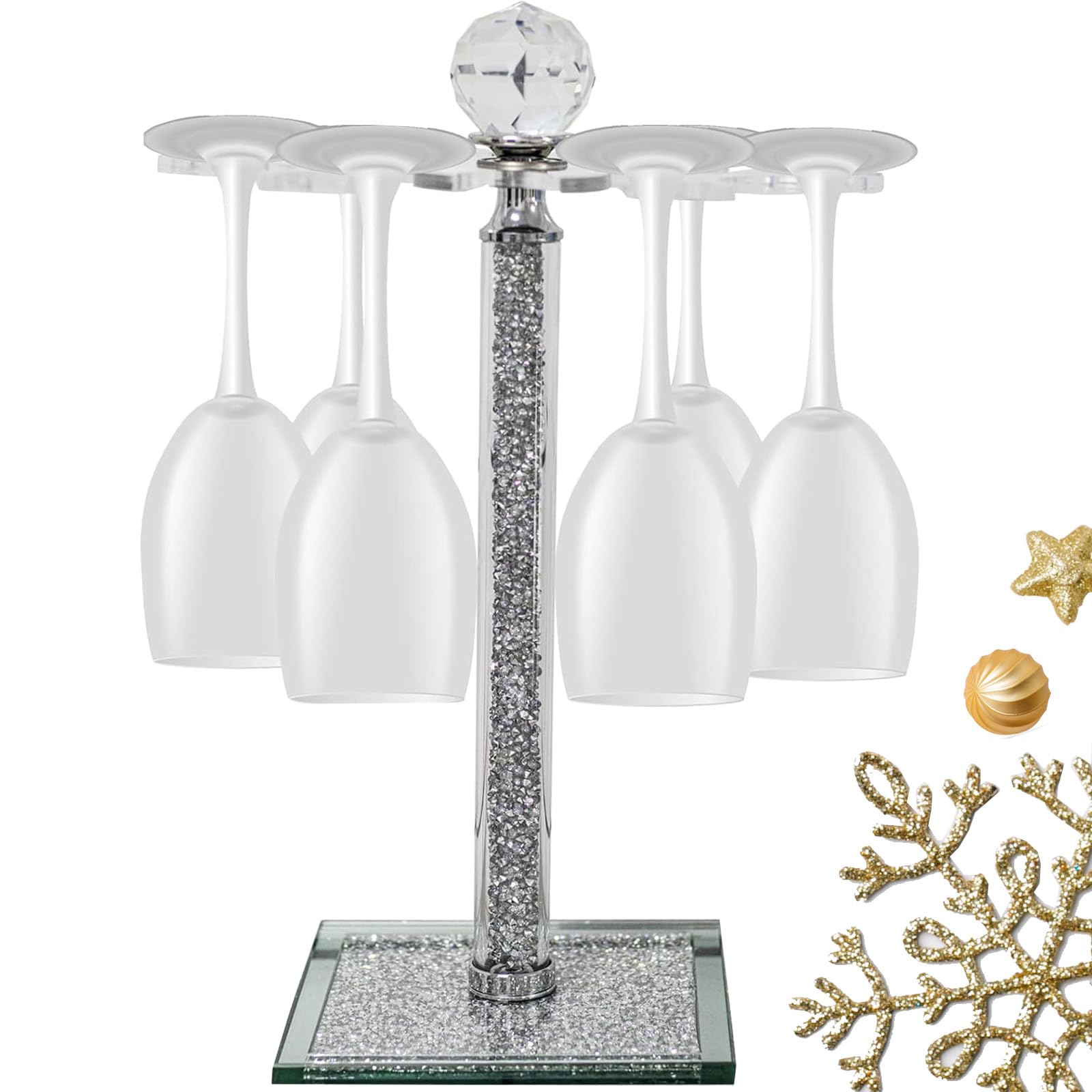 Crystal Wine Glass Holder, 14"H Desktop Rotate Stemware Rack, Crushed Diamond Home Decor, 6 Hook Countertop Wine Glass Rack, Cup Drying Storage Holder