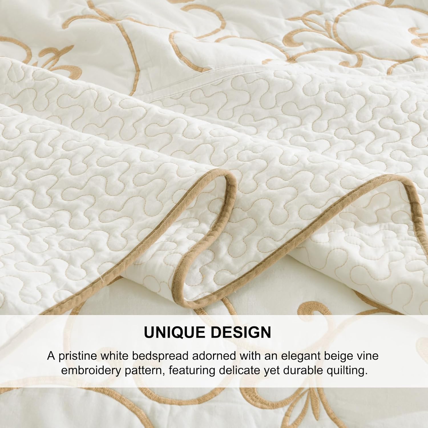 100% Cotton Oversized Bedspread Quilt Coverlet Set, 128"x120" Extra Large Cal King Bedspreads with Pillow Shams, Lightweight Embroidered Bedding Cover 3 Piece, Beige/White