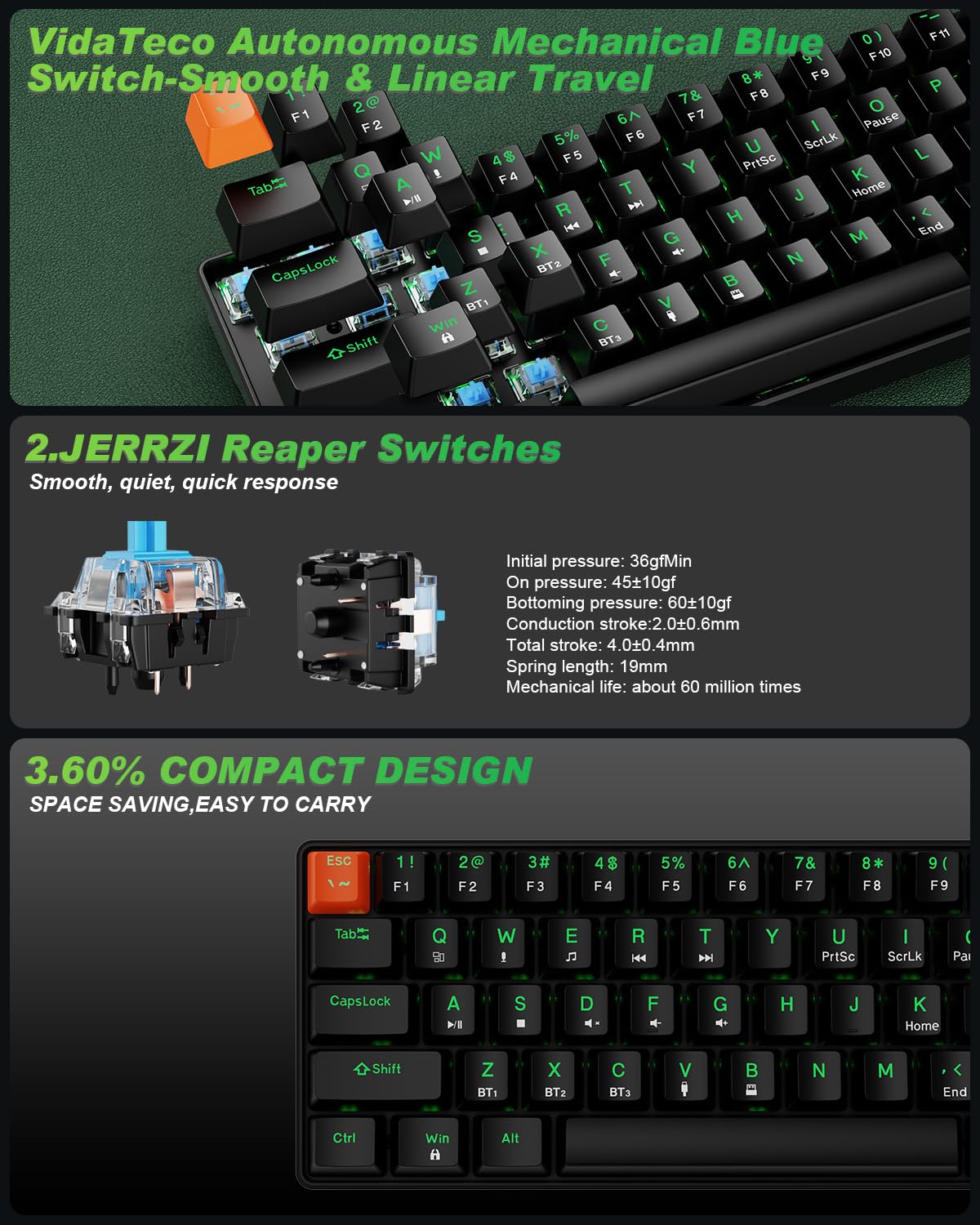 60% draadloos mechanisch toetsenbord (2,4 GHz/Type-C/BT5.0) met RGB