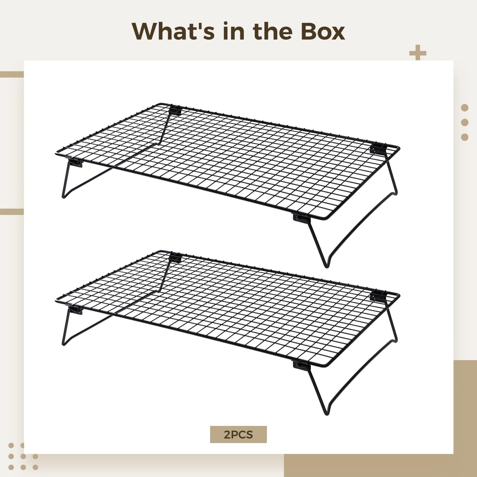 Lot de 2 grilles de refroidissement, grilles à gâteau pliables en acier au carbone avec pieds, design carré à mailles pour une circulation homogène de la chaleur, outil de cuisine polyvalent