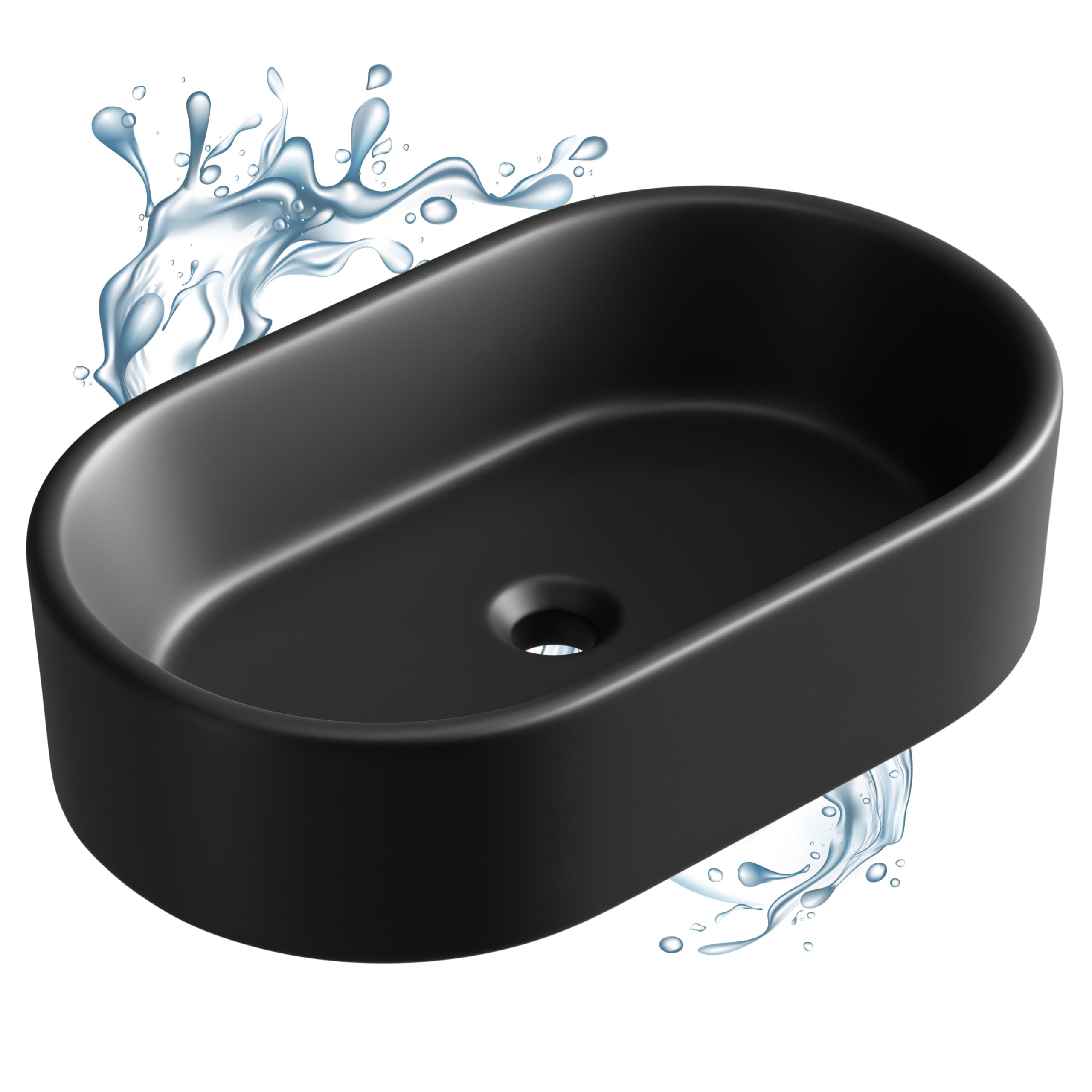 Planetmöbel Aquil Elegante lavabo ovale | Lavabo da appoggio per bagno e WC degli ospiti | Lavabo a mano senza foro per rubinetto e troppopieno, nero, 55 x 34 x 14 cm