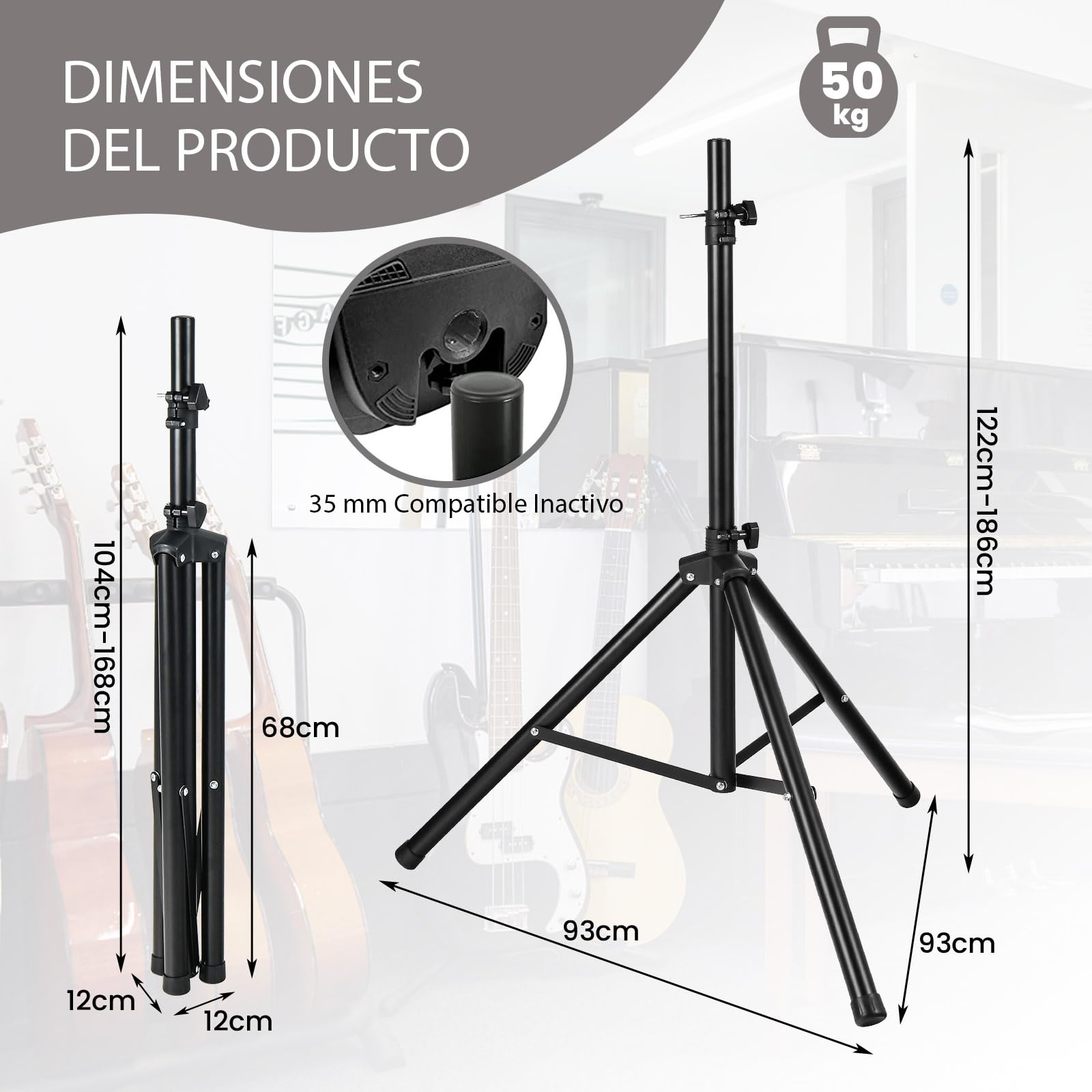 SOARS Trípode para Altavoces, Soporte para Cajas 122-186 cm Regulable en Altura, Trípode Extensible, Cargable hasta 50 kg, Soporte para Dardos, Fotos, Negro