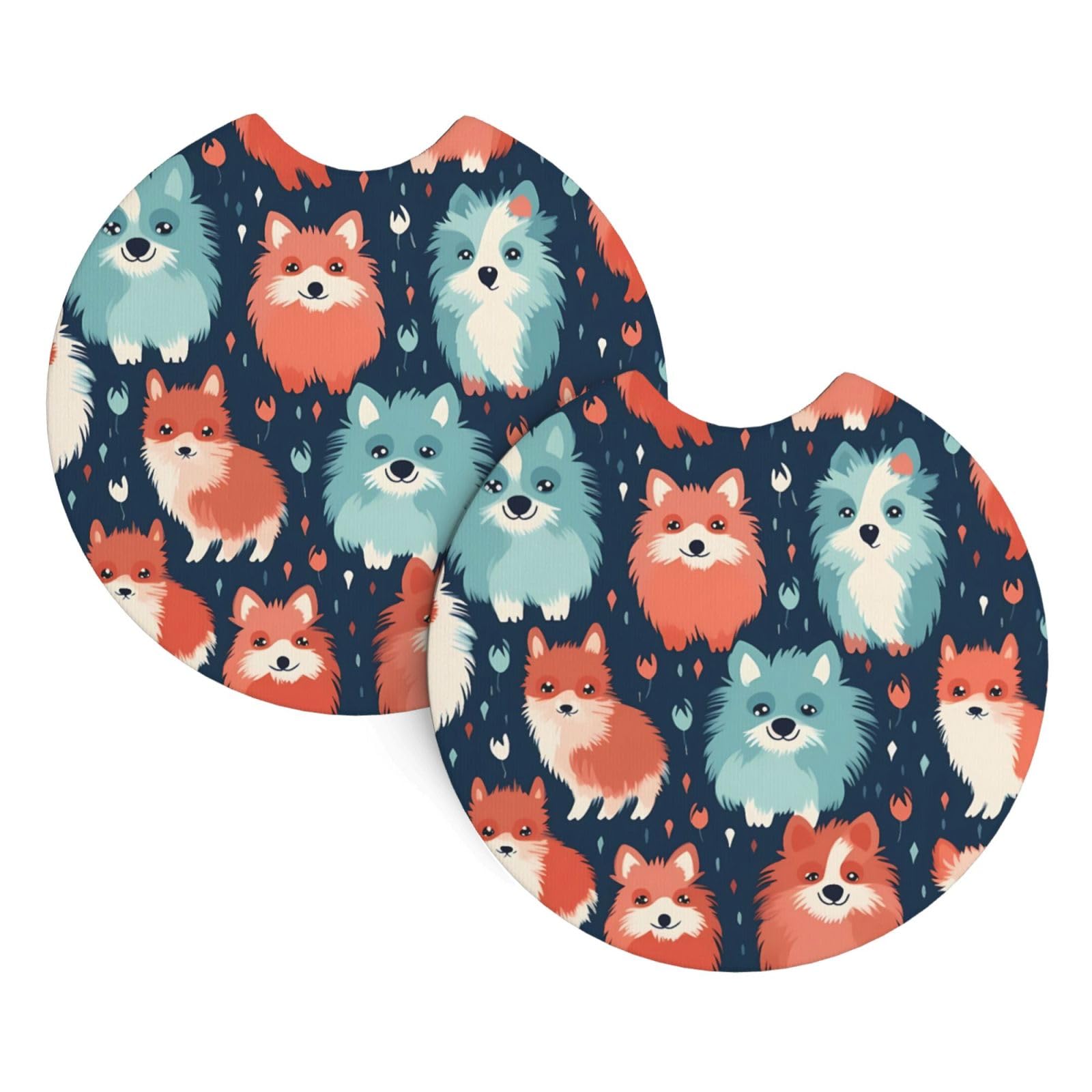 Pomeranians Pattern Printed Two Sets of Anti Slip and Waterproof Beverage mats for General Purpose car Coasters