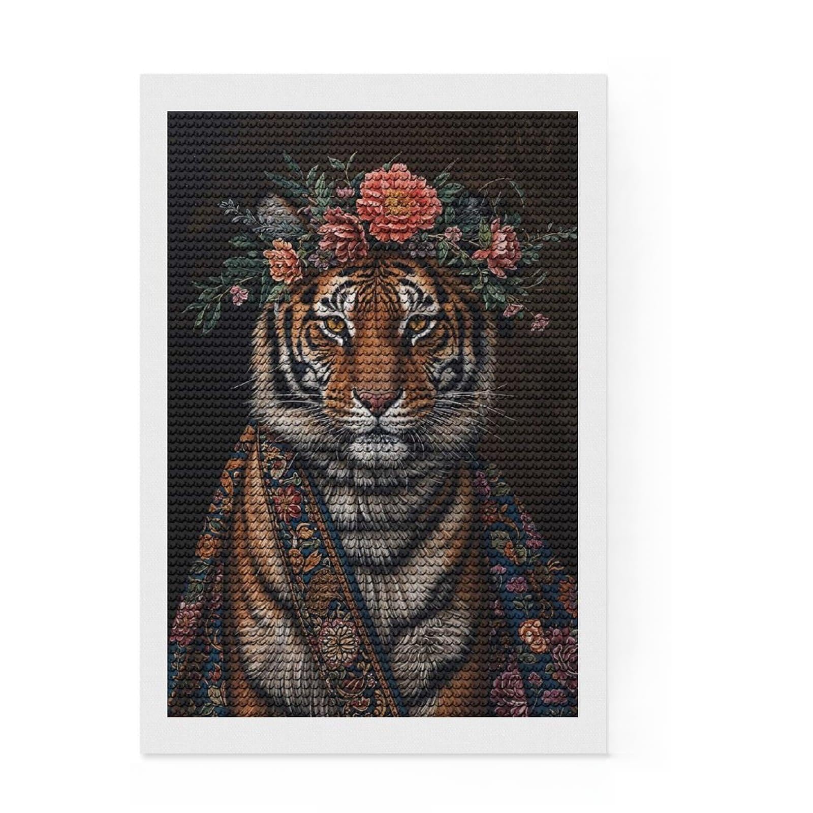 Junmoney Tiger with Flowers Diamond Painting Set 8"x12", with Tool Kit, Aesthetic Room Decor, Vintage Style Decor, Relaxing Handmade Project