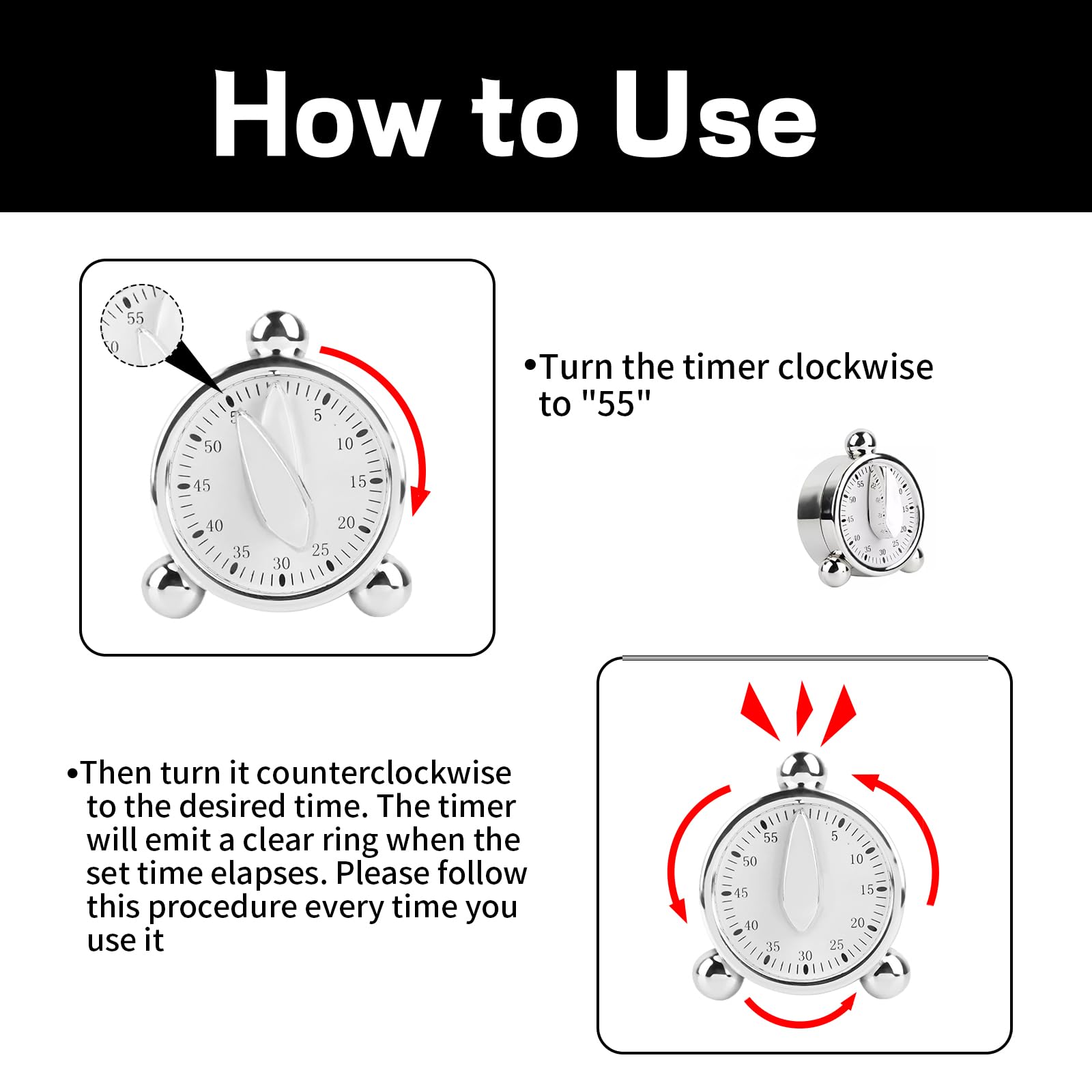 Kitchen Timers for Cooking Seniors 60 Minute Mechanical Kitchen Timer Loud Alarm Clock for Cooking Baking No Batteries Needed Visual Timer Ideal for Kitchen Management Precise Cooking Timing 1 Pack - Image 2