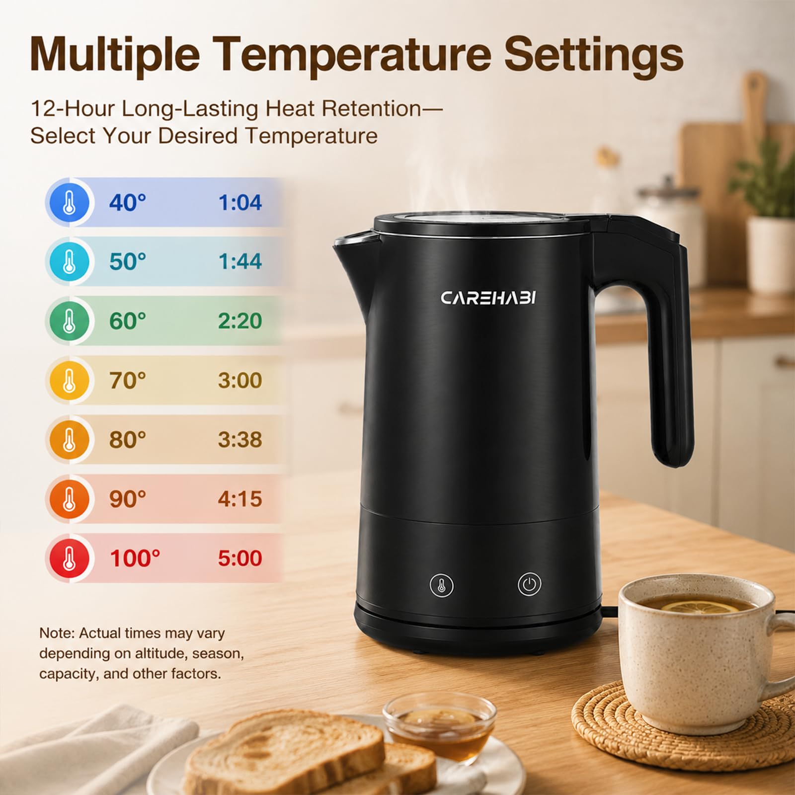 Carehabi Bollitore in acciaio inox, 1,7 l, regolazione della temperatura da 40 °C a 100 °C, doppia parete, senza BPA, funzione di mantenimento del calore