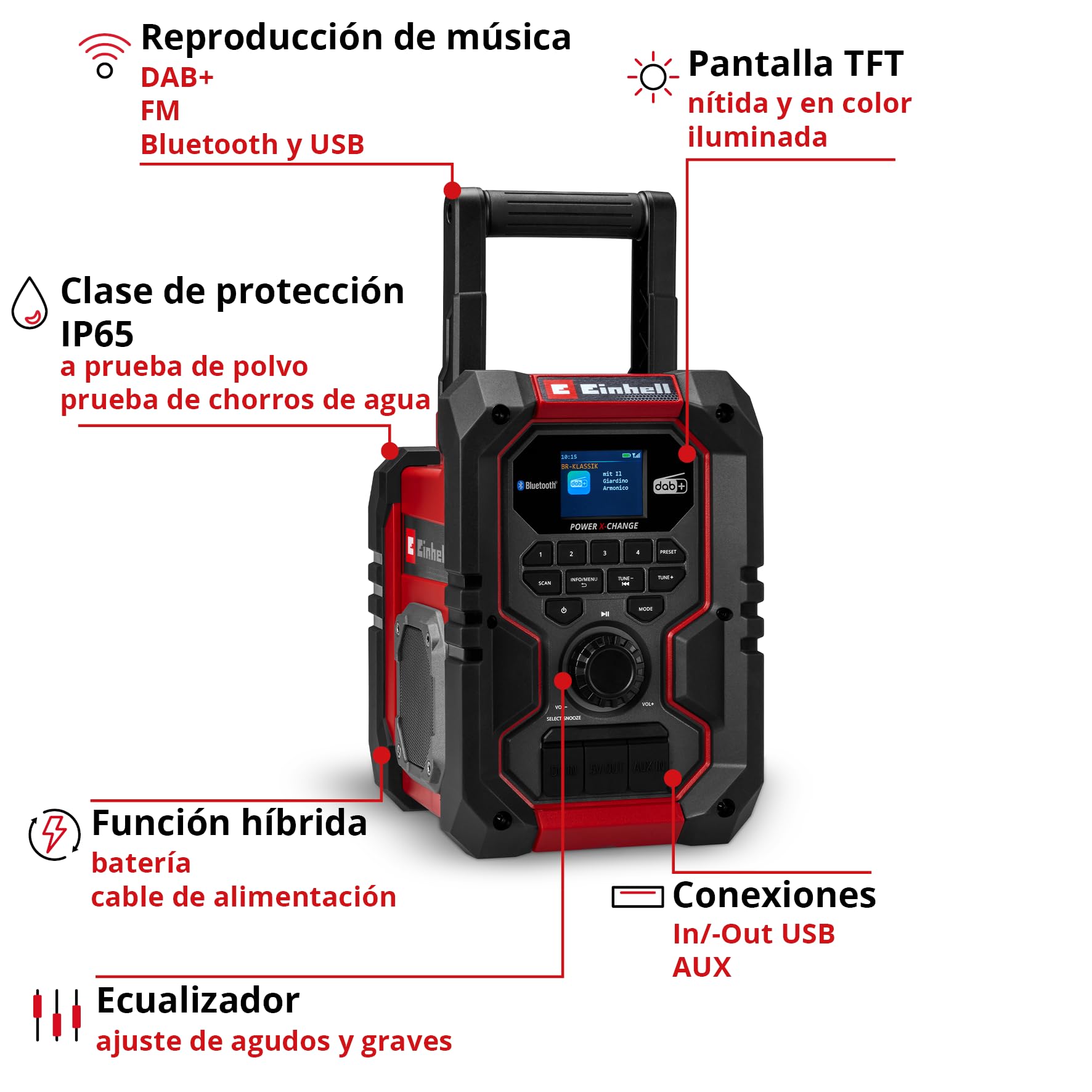 Einhell Radio de obra con batería TE-CR 18 Li DAB+/FM/BT - Solo Power X-Change (18 V, DAB+, FM, Bluetooth, AUX, USB, búsqueda automática de emisoras, pantalla TFT a color, IP65, sin batería)
