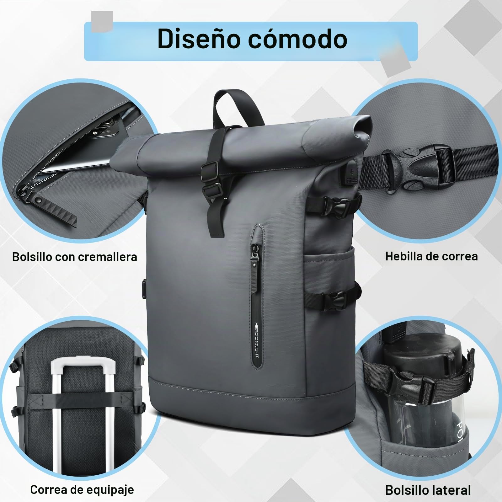 hk Mochila Enrollable Mochilas Roll Top Hombre y Mujer Impermeable | con puerto USB para Portátil 15.6 Pulgadas Antirrobo Grande 23L para Viaje Camping Ciclismo Escuela y Deporte