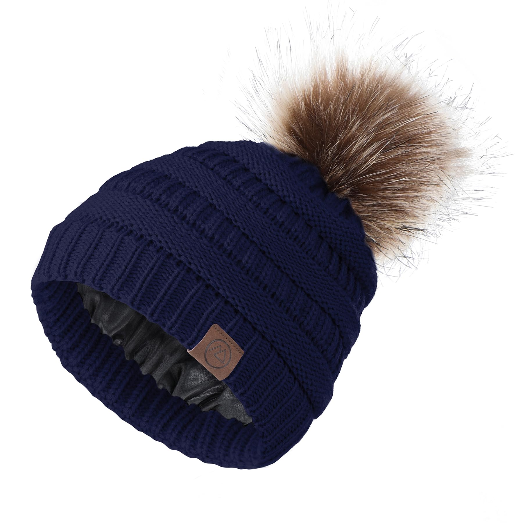 Zando Womens Satin Lined Winter Hats - Beanies With Pom Pom - Warm Navy Blue Beanie
