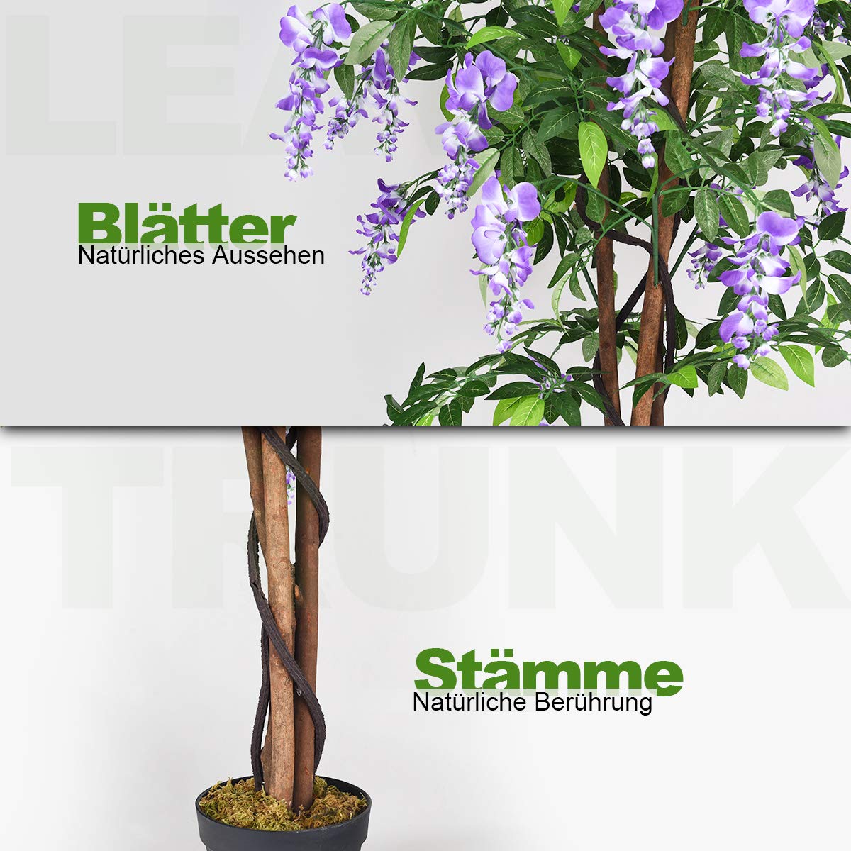 COSTWAY Kunstbaum mit Blüten, Kunstpflanze im Topf, Zimmerpflanze mit natürlichen Blättern & 3 Stämmen, Künstlicher Baum Kunstblume Lila, Dekopflanze künstlich, Grünpflanze 150 cm