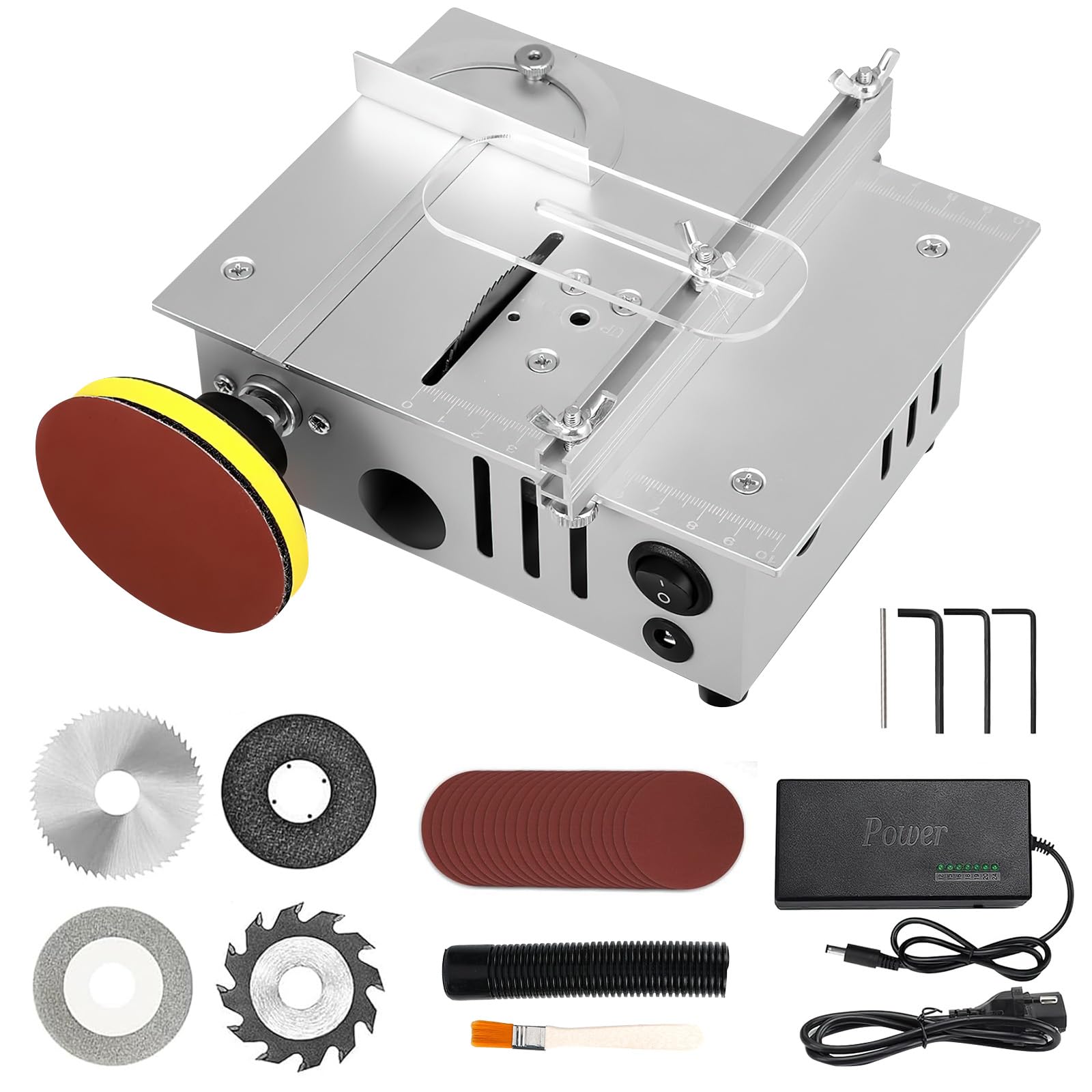 Mini Table Saw with 4 Blades, 96W Mini Circular Table Saw, Wood Cutting Table with Safety Flap, 7-Speeds Adjustable Table Circular Saw for Wood Craft