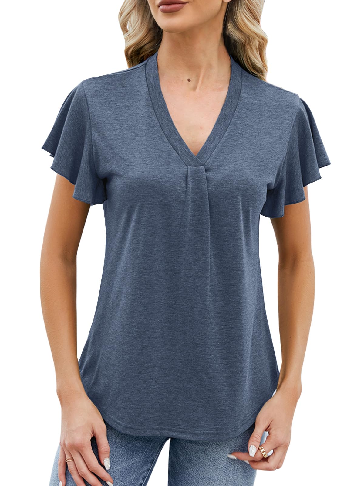 Adigaber Camiseta de Mujer con Cuello en V T-Shirt de Verano Holgada Pétalos de Flores Manga Corta Túnica