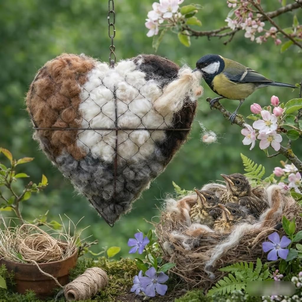 waabose Zupfherz für Vögel, Nistmaterial für Wildvögel, Nachfüllbares Handgefertigtes Wollherz für Vögel, Ideales Nistmaterial für Vögel Draußen für Gartenvögel & Gartendekoration (1) - 5