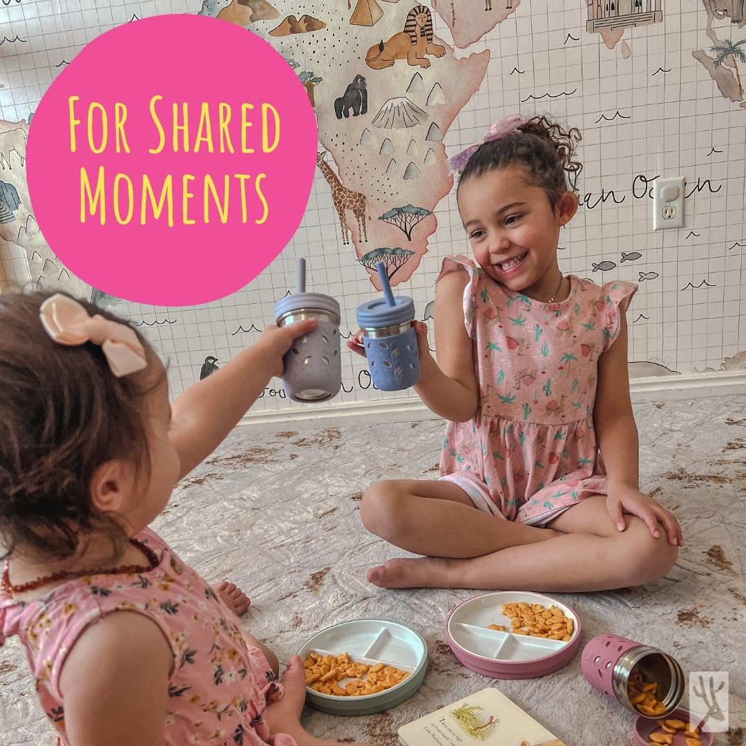 Elk and Friends Platos de porcelana blanca de 7.8 pulgadas para niños con fundas de silicona + tapas, platos divididos, adecuados para niños y niños pequeños, aptos para microondas y lavavajillas