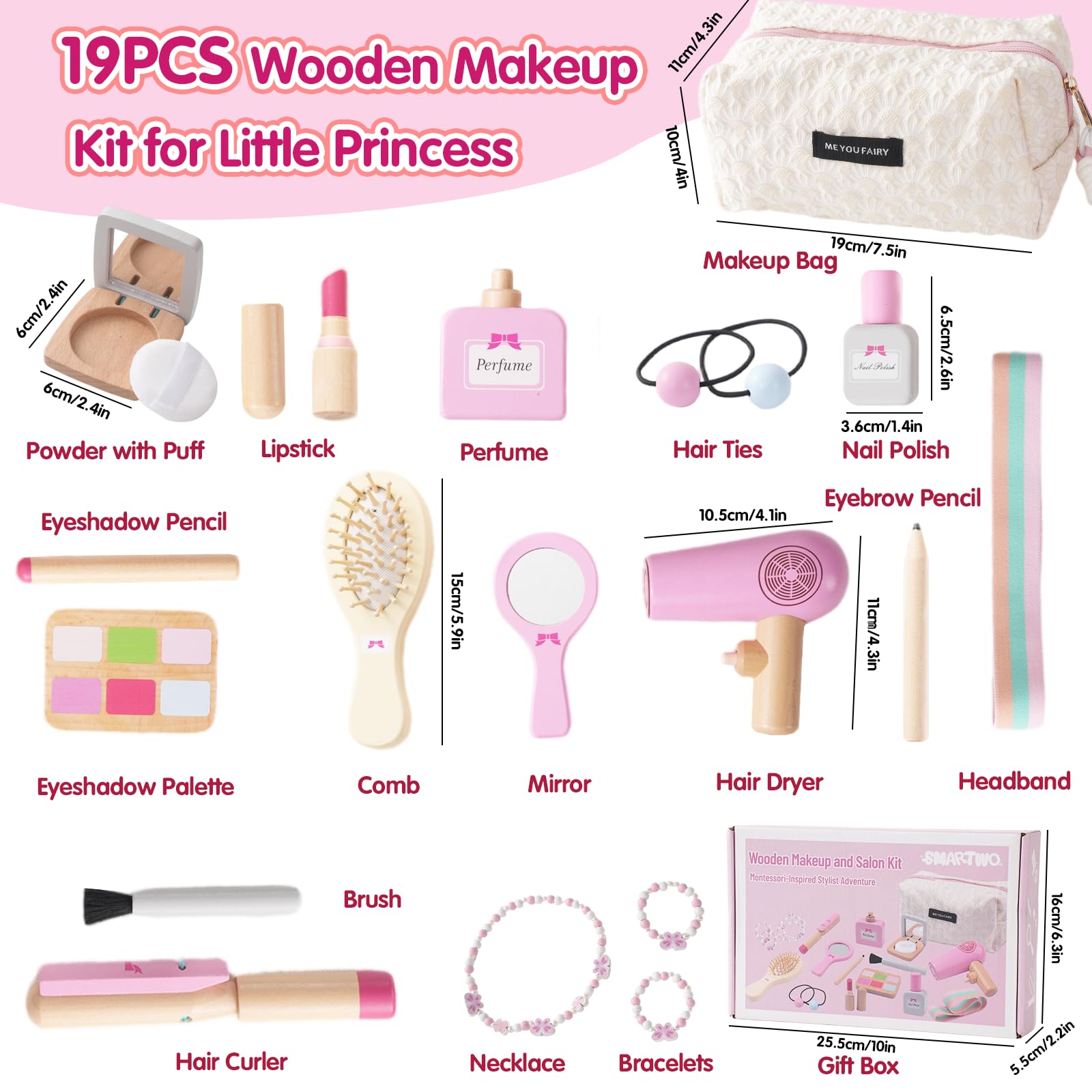 Jouets de Maquillage Kit pour Enfants, Faux Maquillage Enfant Fille, Coiffure en Bois pour Jeux de Rôle, pour Les Anniversaires et Noël des Enfants de 3 4 Ans.