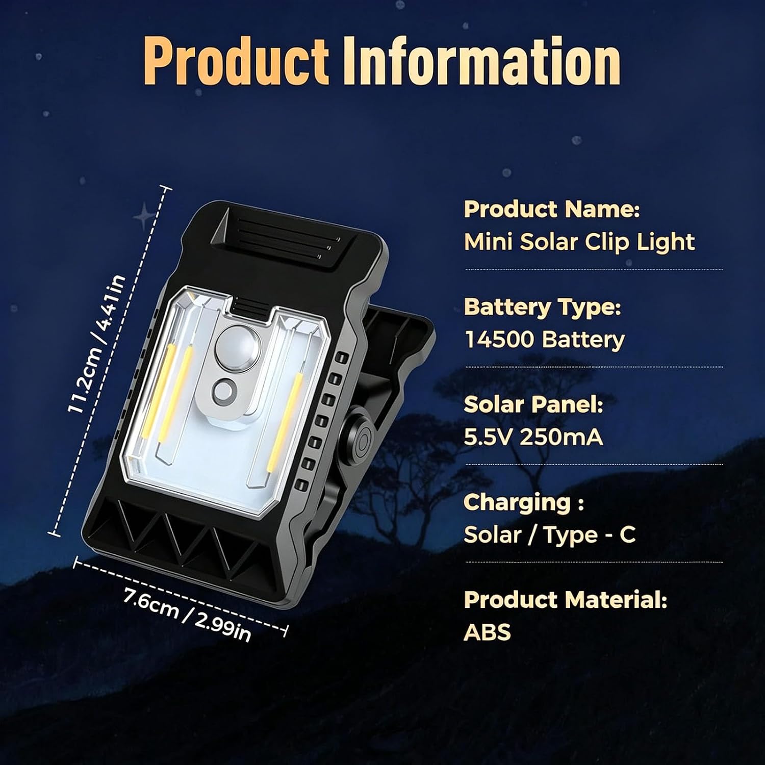 Product information graphic showing dimensions (11.2cm / 4.41in and 7.6cm / 2.99in), Battery Type: 14500 Battery, Solar Panel: 5.5V 250mA, Charging: Solar / Type-C, Product Material: ABS.