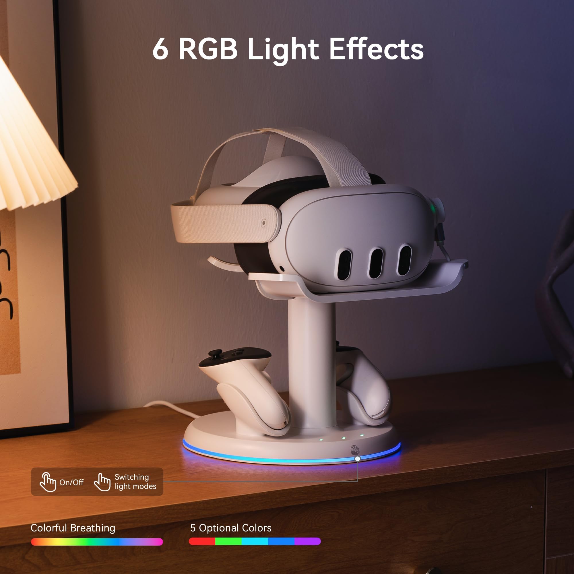 AMVR Estación de Carga Magnética para Meta Quest 3/3S | Soporte VR RGB, 2 Baterías de Mando, Protección de Sobrecarga, Ahorro de Espacio, Sin Adaptador