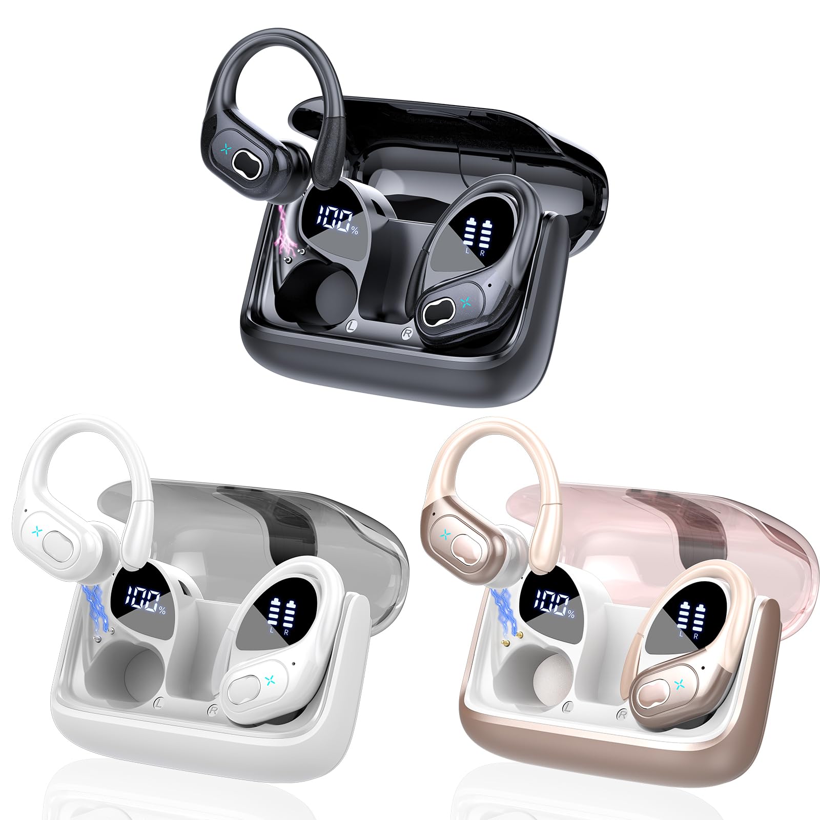 3 Sets Wireless Earbuds Sport, Bluetooth 5.4 Over Ear Buds Stereo Deep Bass Over Ear Bud with Earhooks, 75H Wireless Earphones with Mic, IPX7 Waterproof Earphone for Sports Black+Rose Gold+White