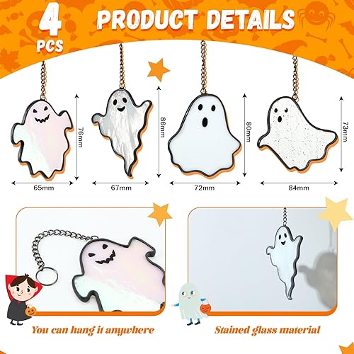 Miniatura 2 de Yungyan 4 piezas de fantasmas de Halloween con vitrales pintados a mano para colgar en la ventana, atrapasoles de Halloween, decoración gótica para