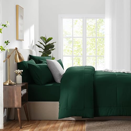 Miniatura 9 de CozyLux Juego de edredón de tamaño matrimonial, color verde esmeralda, ropa de cama de 7 piezas en una bolsa, edredón verde tamaño matrimonial,