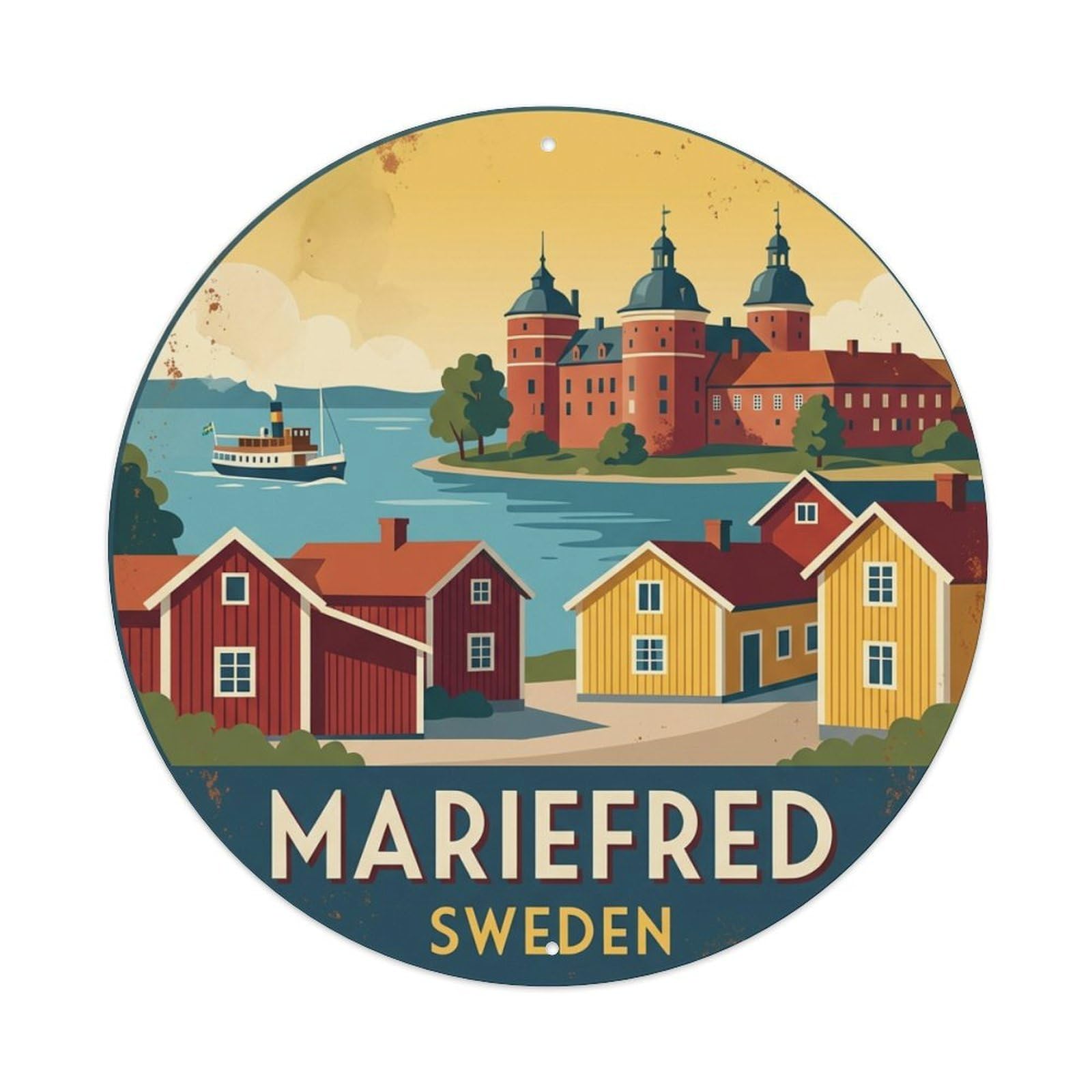 Vintage Travel Mariefred Sweden Lakeside 1 Metal Tin Sign