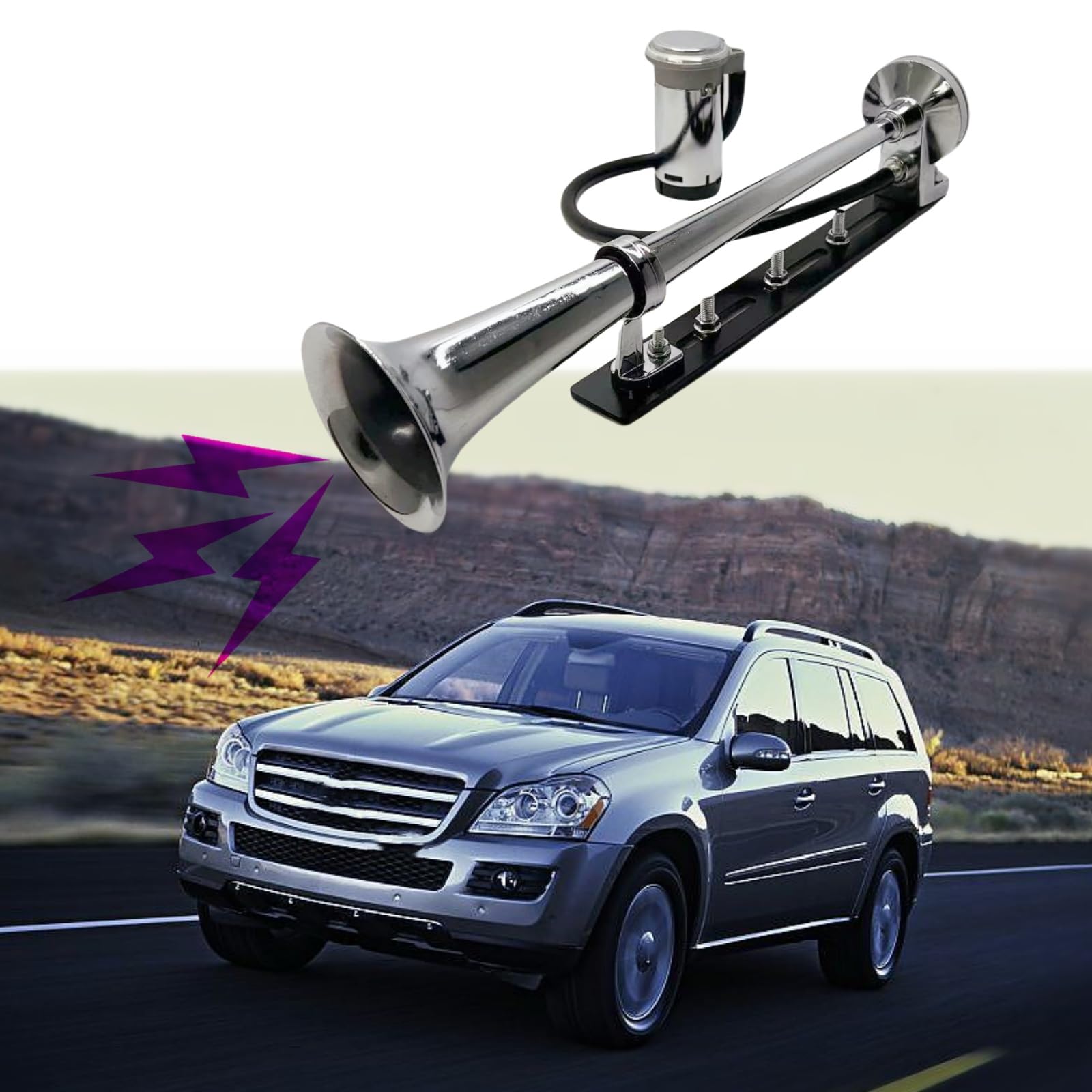 Bocina de aire para coche, cuerno de camión, diseño innovador y accesorios ajustables, altavoz fuerte, 150 dB, plateado, cromo, zinc, trompeta individual con compresor para coche de 12 V