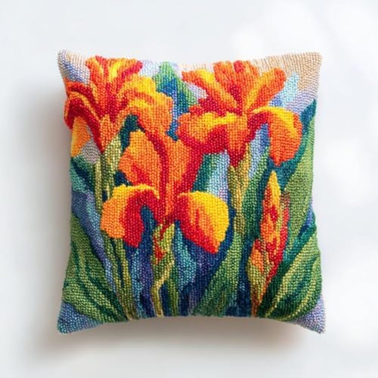 kitphoenix DIY Latch Hook Kit,Cushion Cover Making Set for Adults with Yarn,Canna Flowers and Green Leaves,Hook and Pre-Printed Canvas,43x43 cm