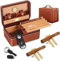 Umidor de couro para charutos de viagem - design de camada dupla e alça, com 2 suportes de charutos dourados, cortador em V, furador de charutos, umidificador e higrômetro, conjunto de caixa portátil